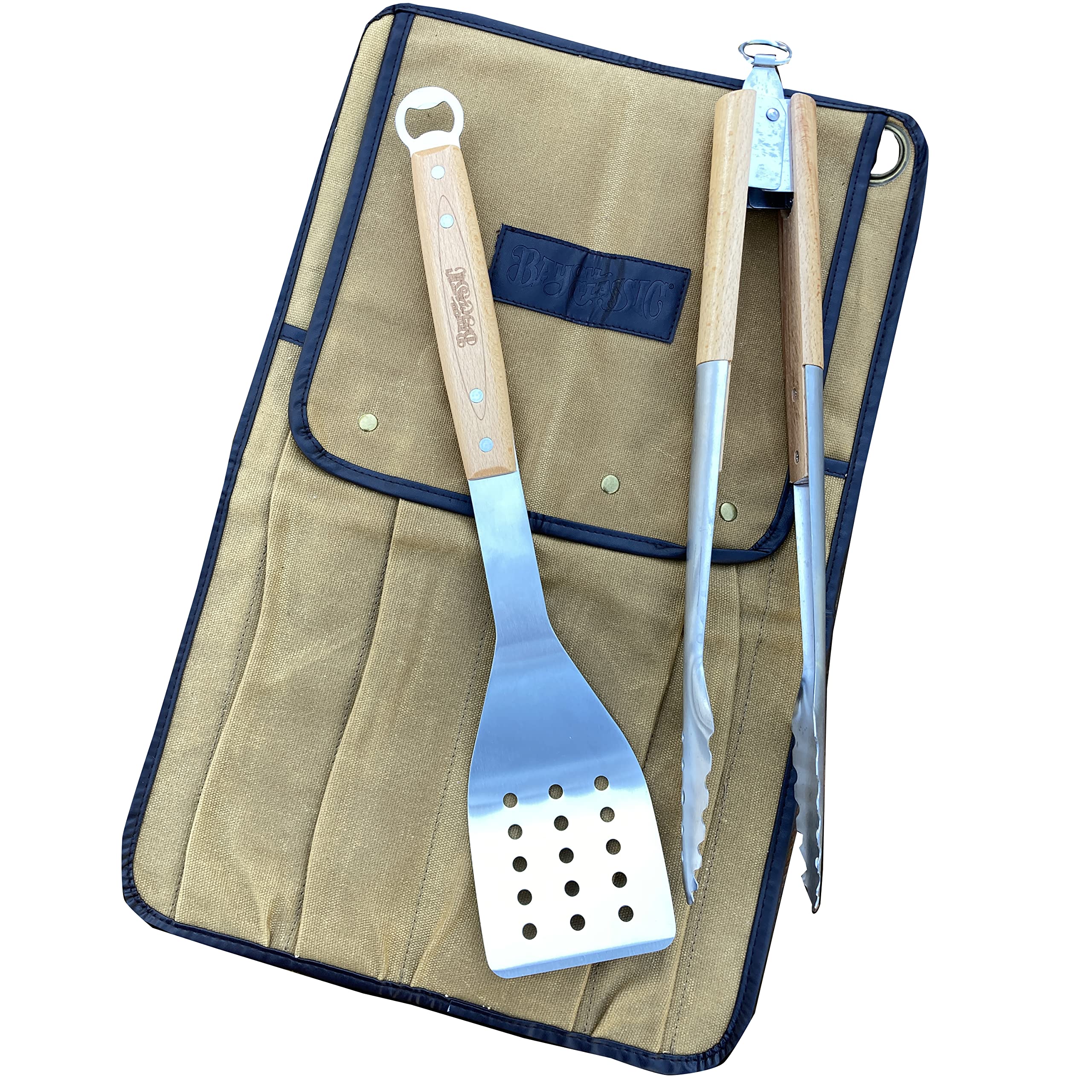Grill Bag and Tool Set Bayou Classic Features 17-in Grill Spatula w/Bottle Opener and 16-in Locking Grill Tongs Waxed Canvas Bag w/ 4 Tool Pockets and Leather Detail