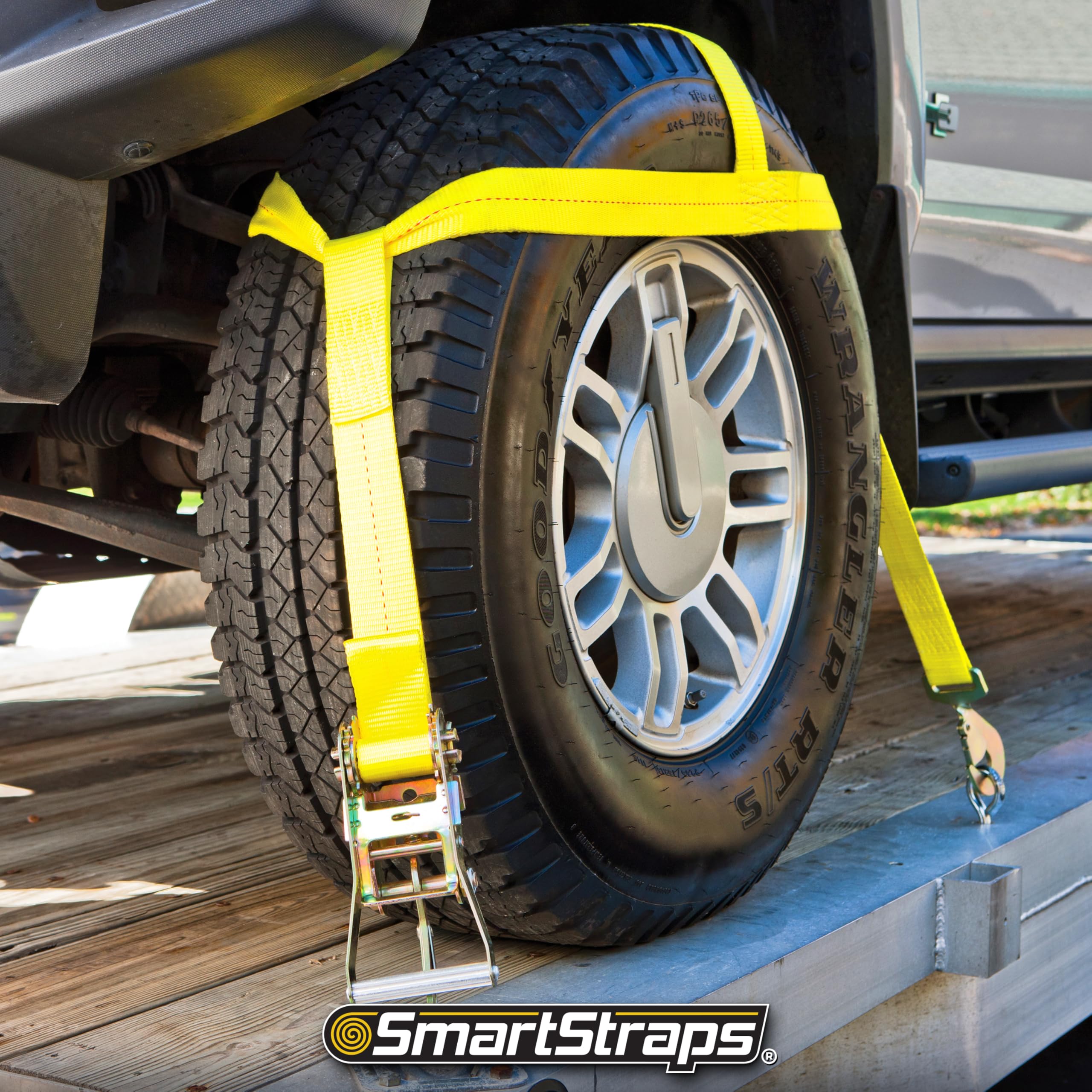 Tire Bonnet Ratchet Straps SmartStraps — Commercial Duty Tire Bonnet Tie Down with Ratchet — 10,000lb Break Strength, 3,333lb Safe Load — Haul Equipment, Tractors and Vehicles, Small, Yellow, 1 Pack