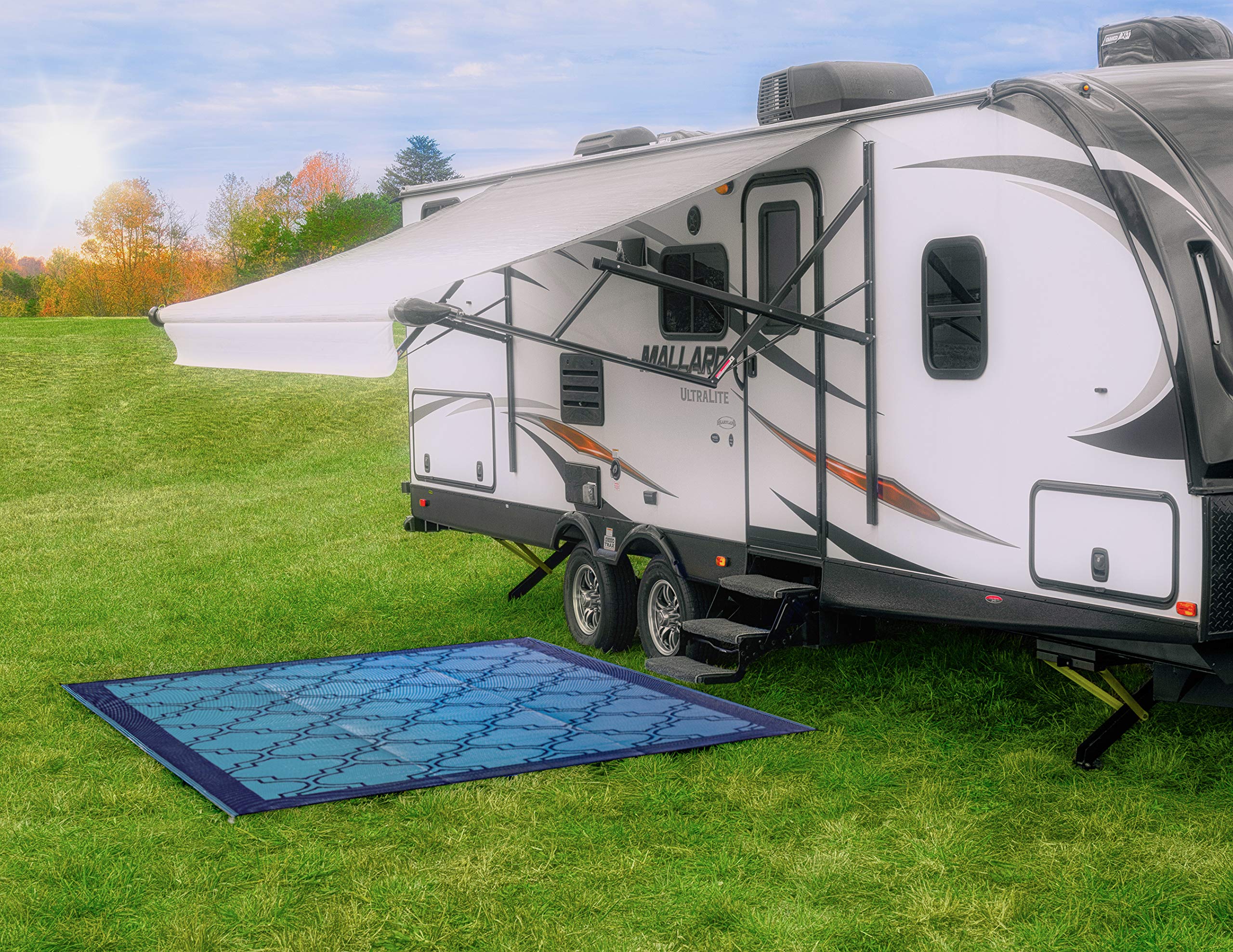 Camco Outdoor Large Reversible Patio Mat - Easy to Clean, Perfect for Picnics, Cookouts, Camping, and The Beach (9' x 12', Lattice Blue Design) (42856)