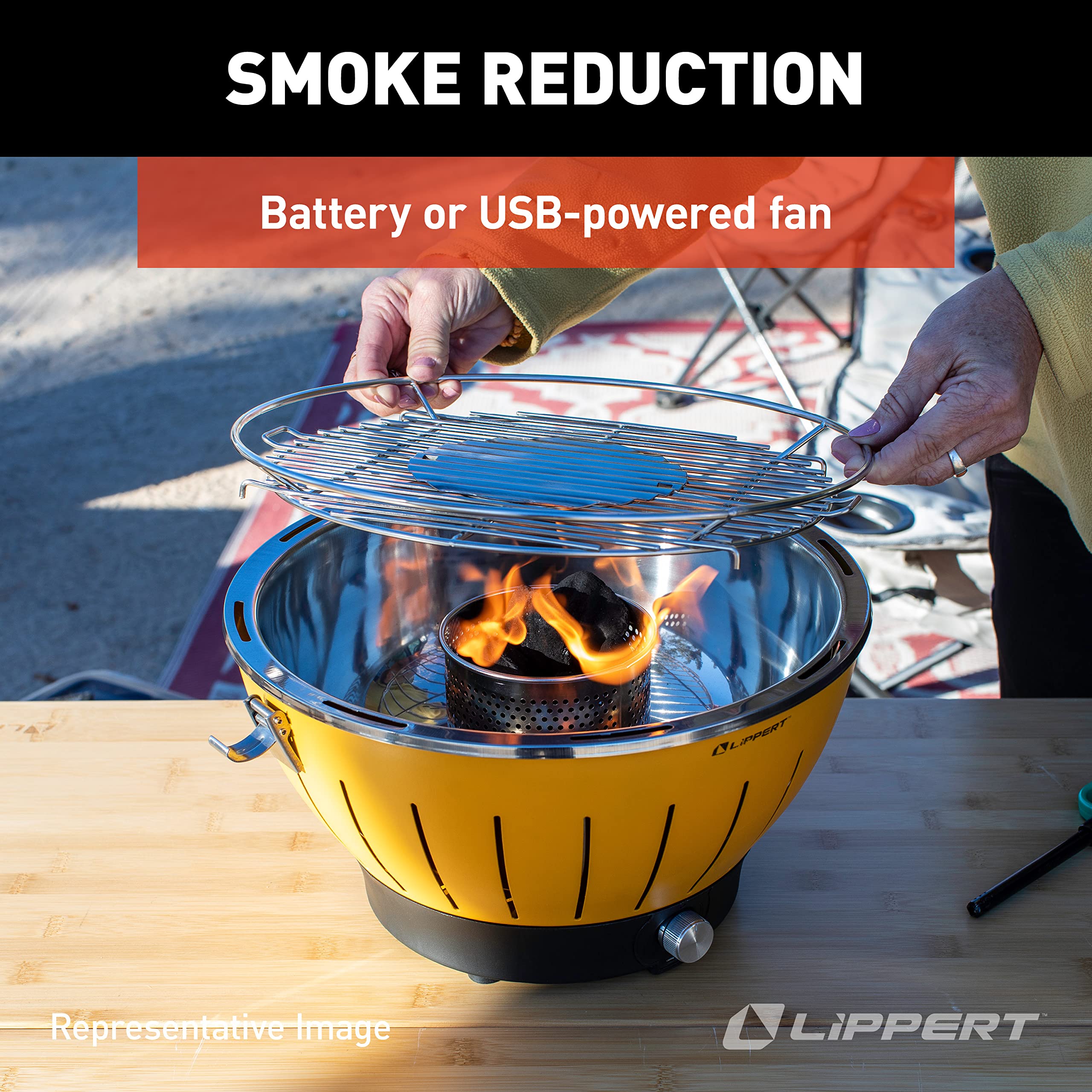 Lippert Portable Grill Odyssey - Compact and Versatile Charcoal Grill for Camping, Tailgating, and Outdoor Cooking - Lightweight and Durable Design with Large Cooking Surface - Green
