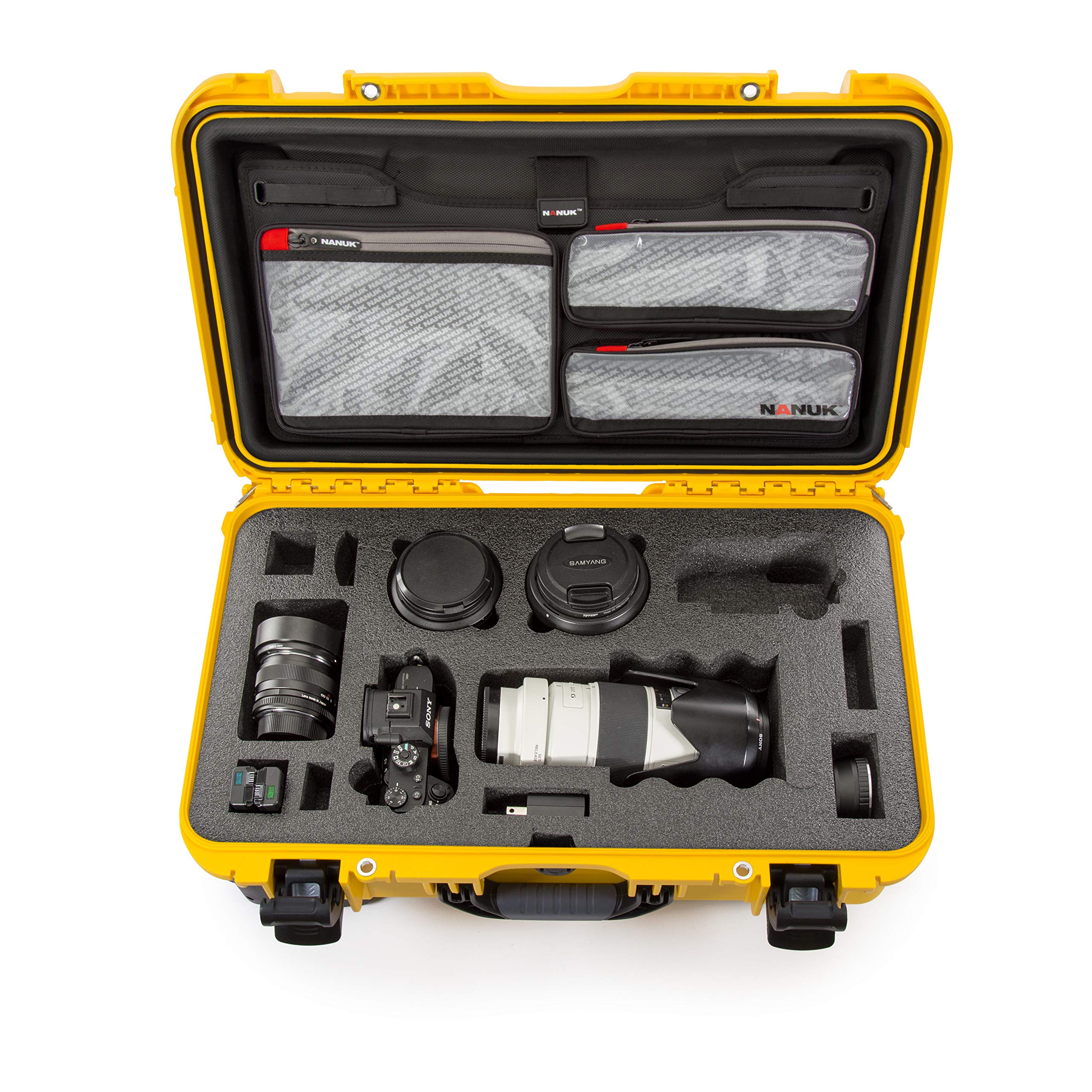 Waterproof Nanuk 935 Carry-On Hard Case with Lid Organizer for Sony a7R Size Camera w/Wheels - Yellow