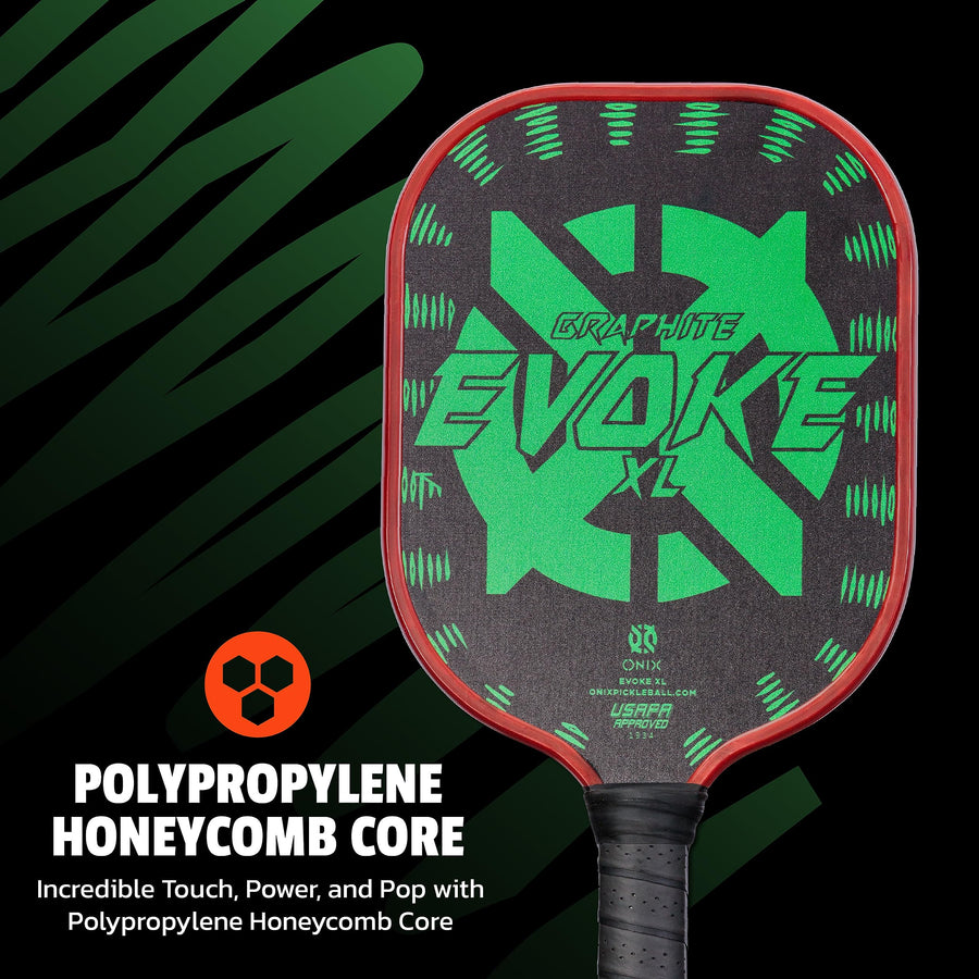Evoke XL Onix Graphite Pickleball Paddle Features Polypropylene Core, Graphite Face, and Oversized Shape, Green