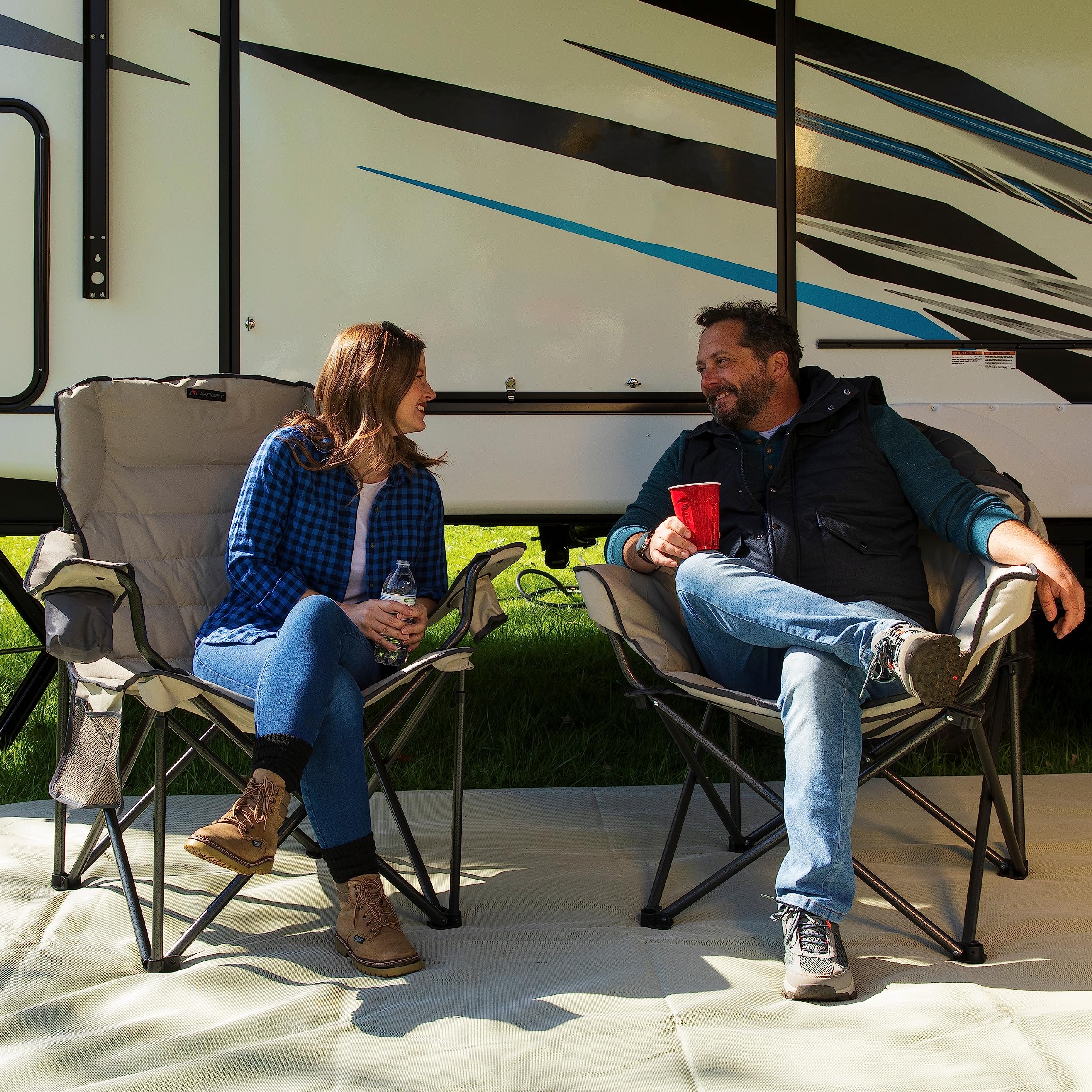 Lippert Deluxe Campfire Folding Chair - Sand, High-Loft, Foldable Cushion Chair, Dual Cup Holders, Power Coated Steel Frame, Durable 600D Outdoor Polyester Fabric, 500 lb. Capacity, 2022114819