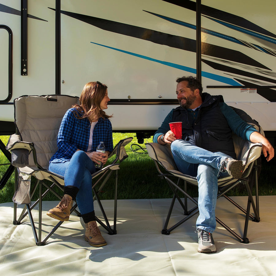Lippert Deluxe Campfire Folding Chair - Sand, High-Loft, Foldable Cushion Chair, Dual Cup Holders, Power Coated Steel Frame, Durable 600D Outdoor Polyester Fabric, 500 lb. Capacity, 2022114819
