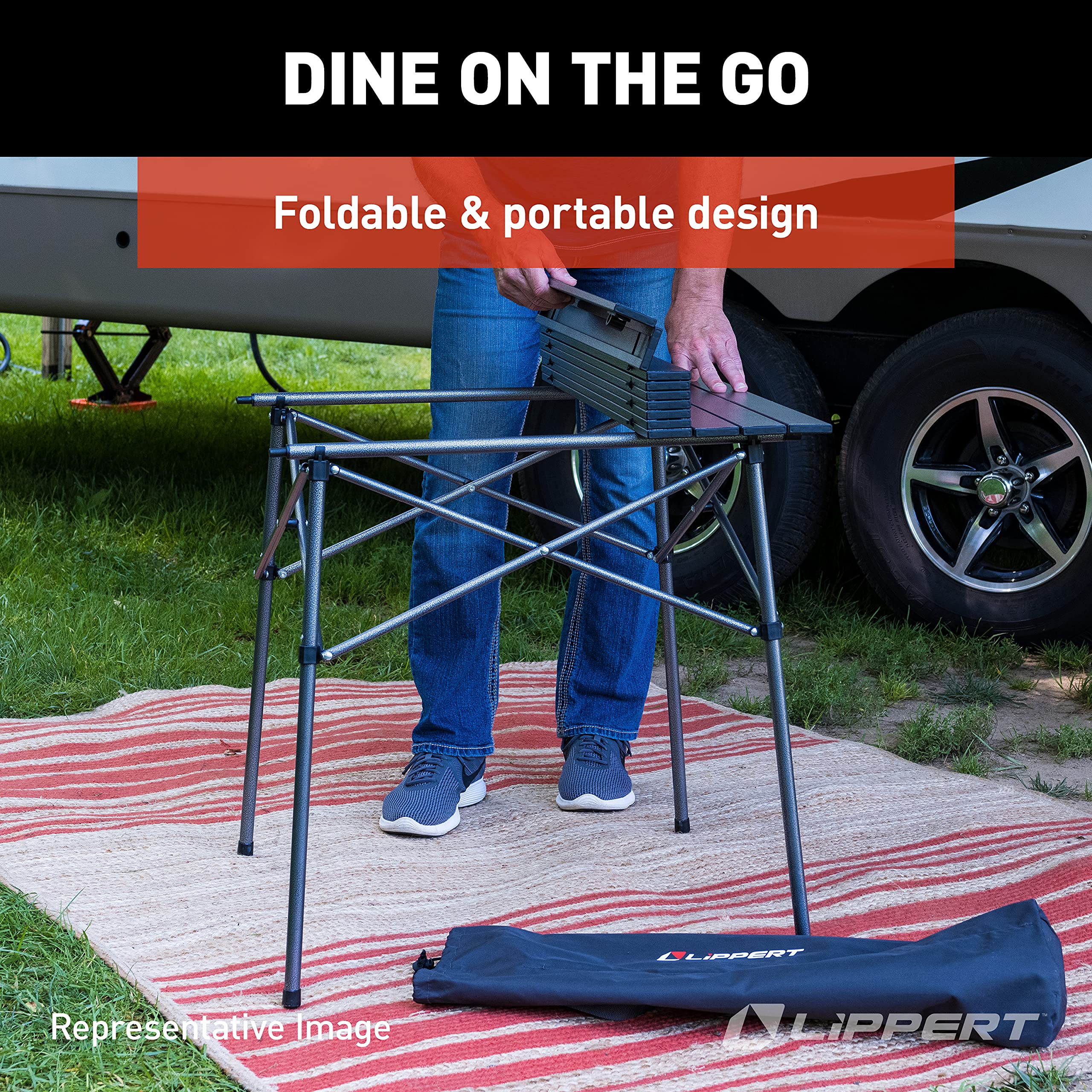 Lippert HD Hybrid Camp Table Foldable with Carry Bag White 27 1/2” x 27 1/2” x 27 1/2" (H x W x D),Hammer Grey