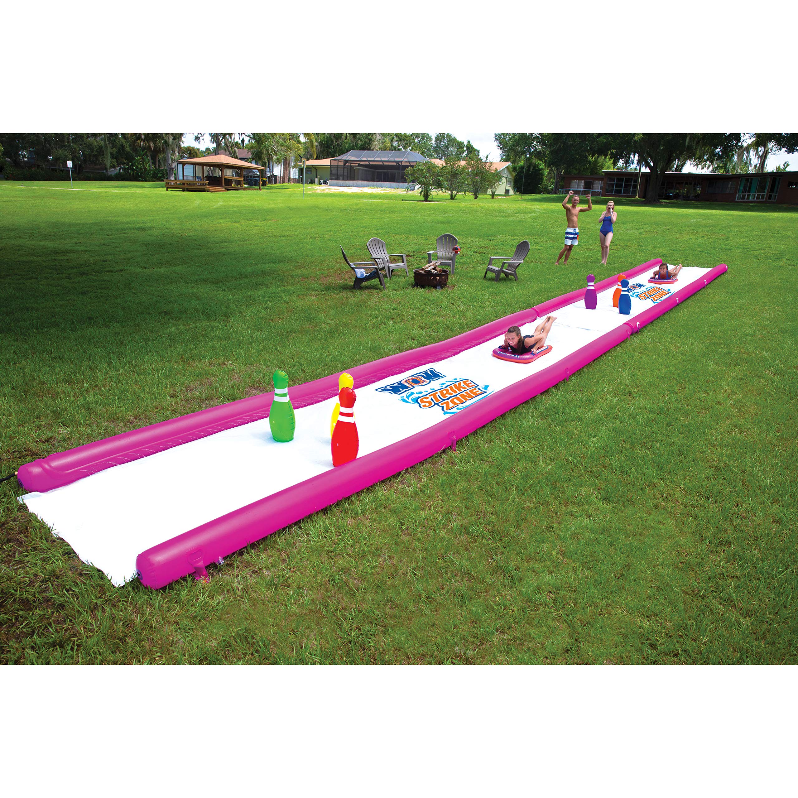 Strike Zone WOW Sports - Water Slide 25 Foot Slip n Slide with Inflatable Sides & Sprinklers - Human Bowling Water Slide with Inflatable Pins