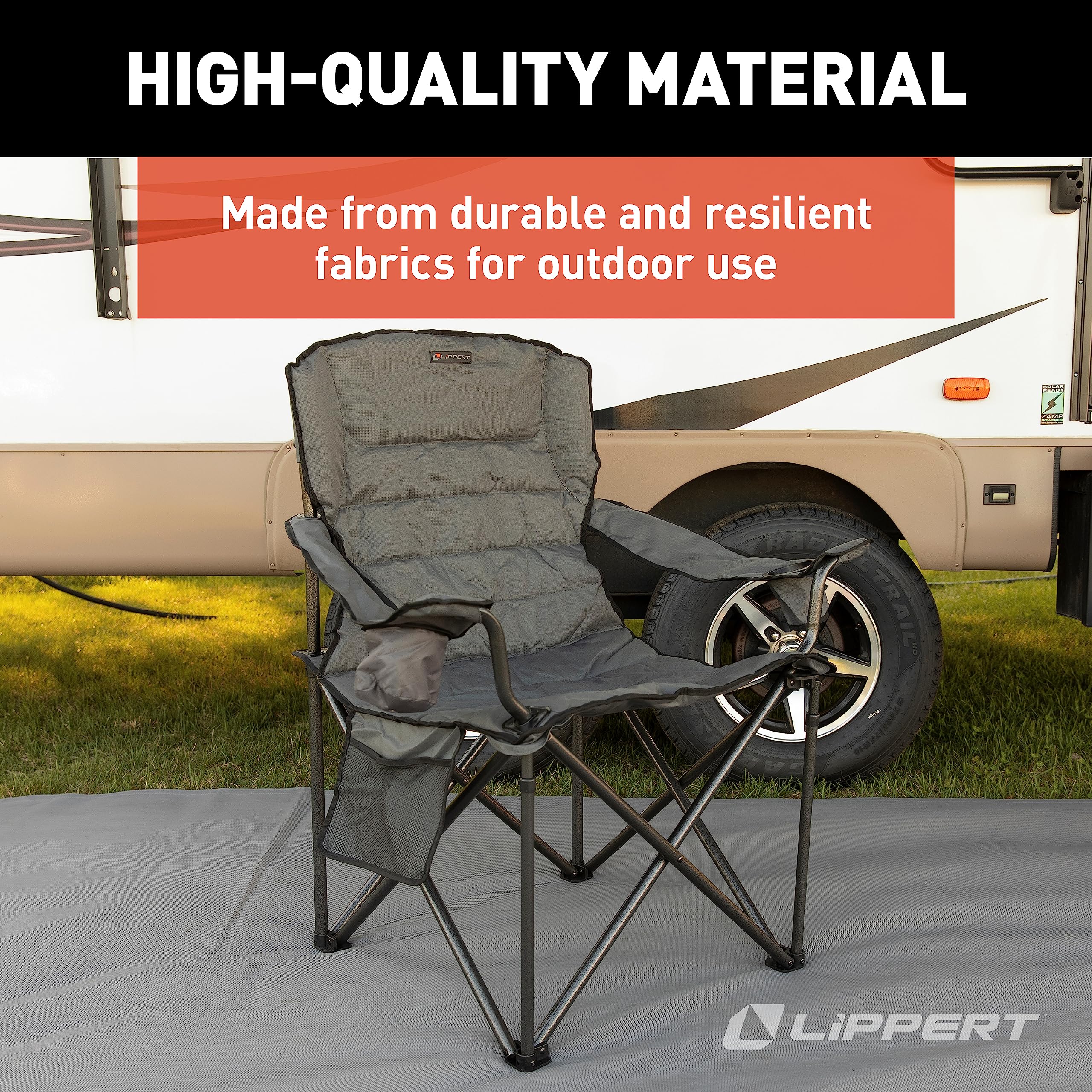 Lippert Deluxe Campfire Folding Chair - Sand, High-Loft, Foldable Cushion Chair, Dual Cup Holders, Power Coated Steel Frame, Durable 600D Outdoor Polyester Fabric, 500 lb. Capacity, 2022114828