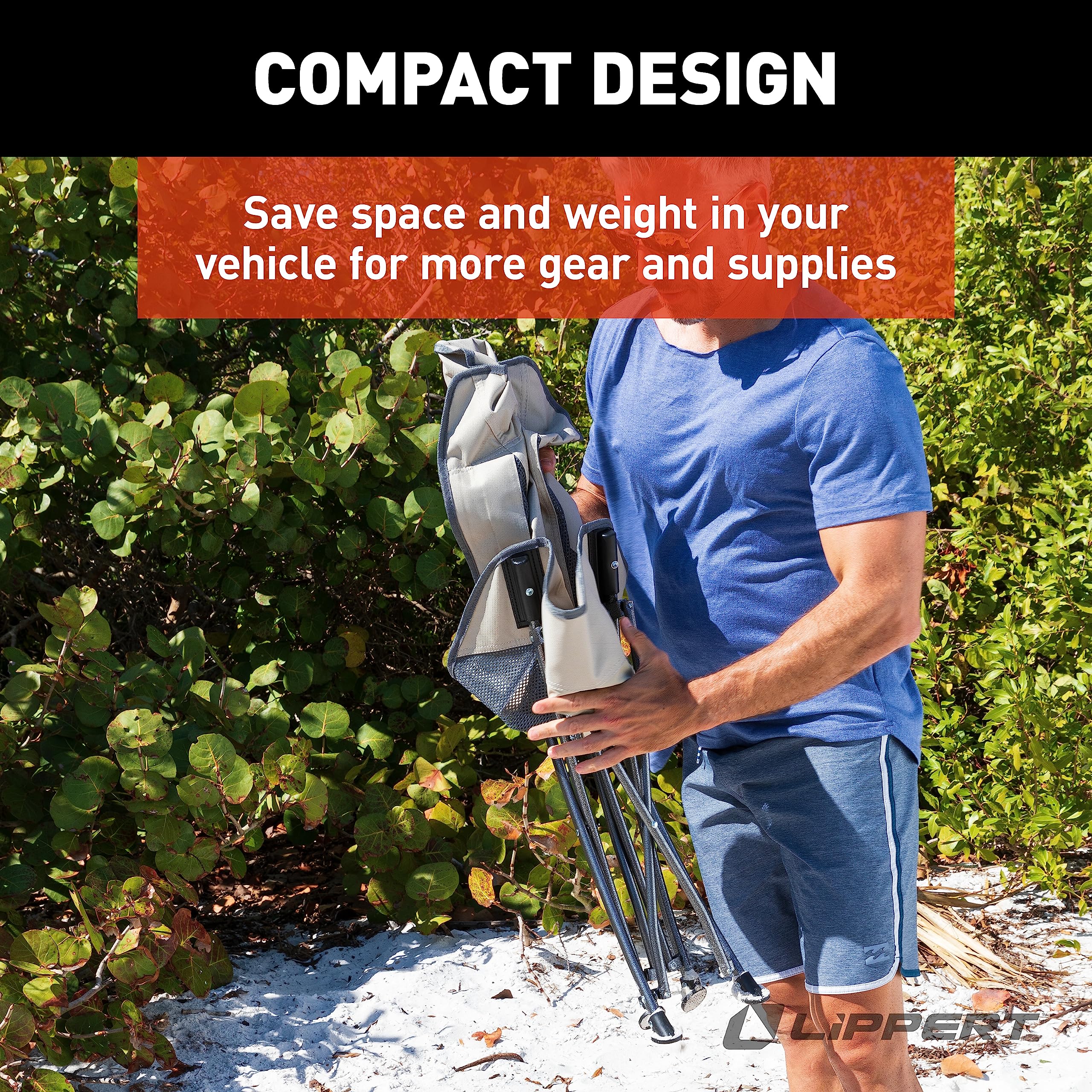 Lippert Baja Compact Camping Chair, Sand 600-Denier Polyester Fabric, Breathable Mesh Sides, Fold-up Steel Frame, Innovative Design for Ultimate Scoop Comfort - 2022120582
