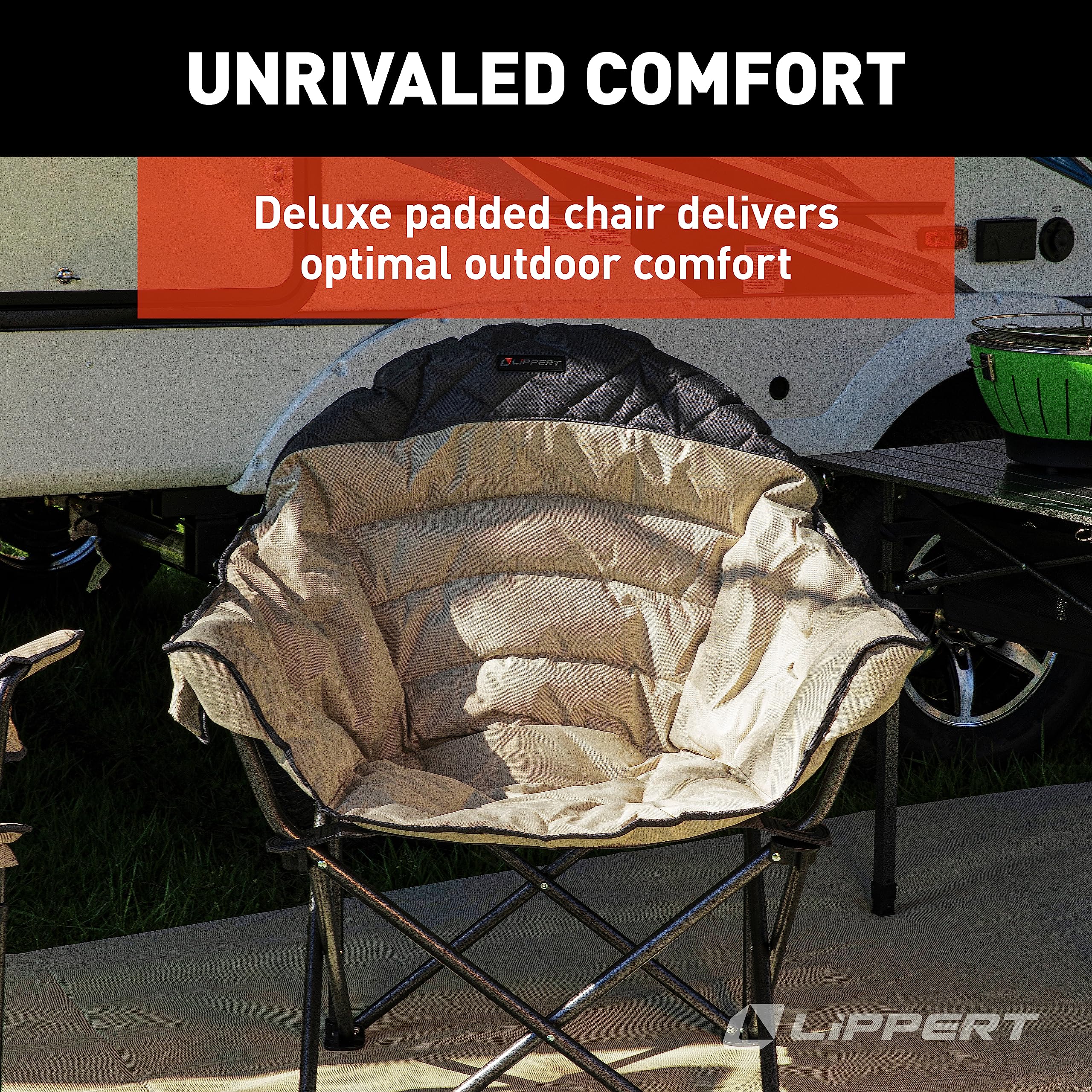 Lippert Duotone Big Bear Camping Chair - Sand with Dark Grey Accent, Comfortable Round Shape, Oversized Pillow Cushions, Powder Coated Steel, 600D Polyester Fabric, 300 lb. Capacity, 2022114816