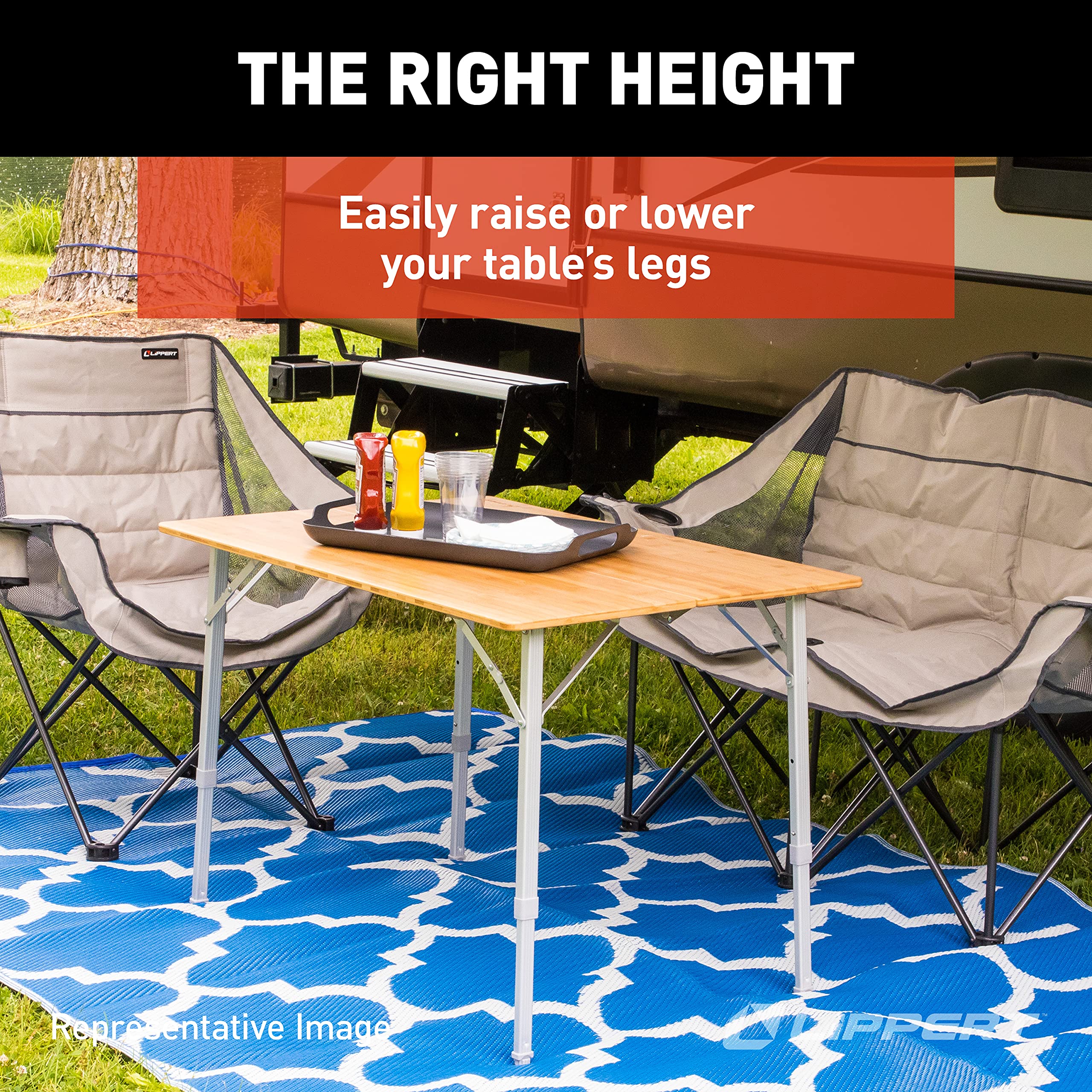 Lippert Adjustable Bi-Fold Bamboo Camp Table, 39-1/2" x 28-1/2" x 27-1/2" Tabletop, Smooth Wood Top, Adjusting Legs, 19 lbs. Portable Camping Surface - 2021011322, Brown