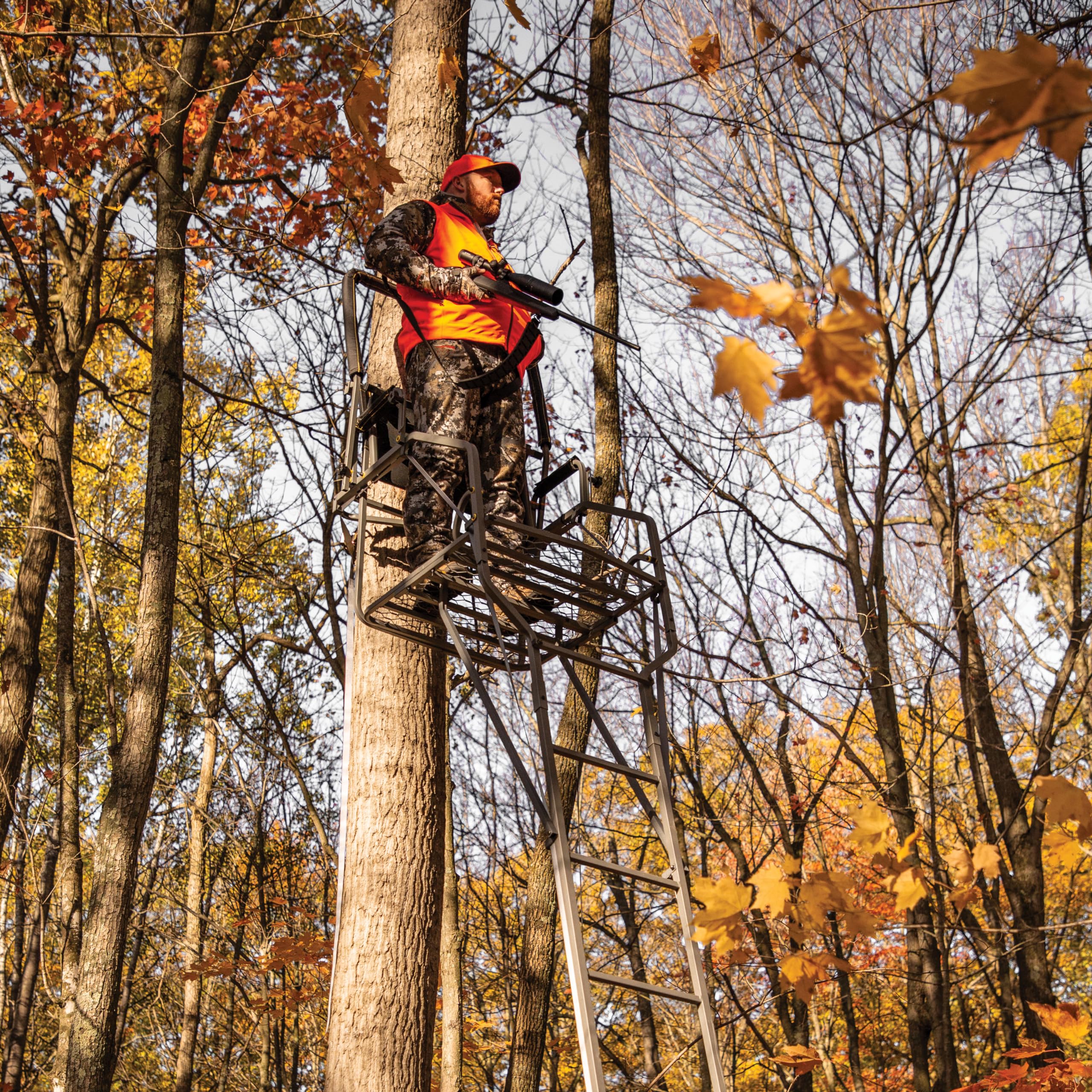 Rivers Edge Jumbo Jack 1-Man LS Ladder Stand, 19’ Height, Lockdown Strapping System, Wide Flip-Up TearTuff Mesh Seat, Jumbo Platform, Flip-Out Footrest, 2-Way Adjustable Shooting Rail, RE674