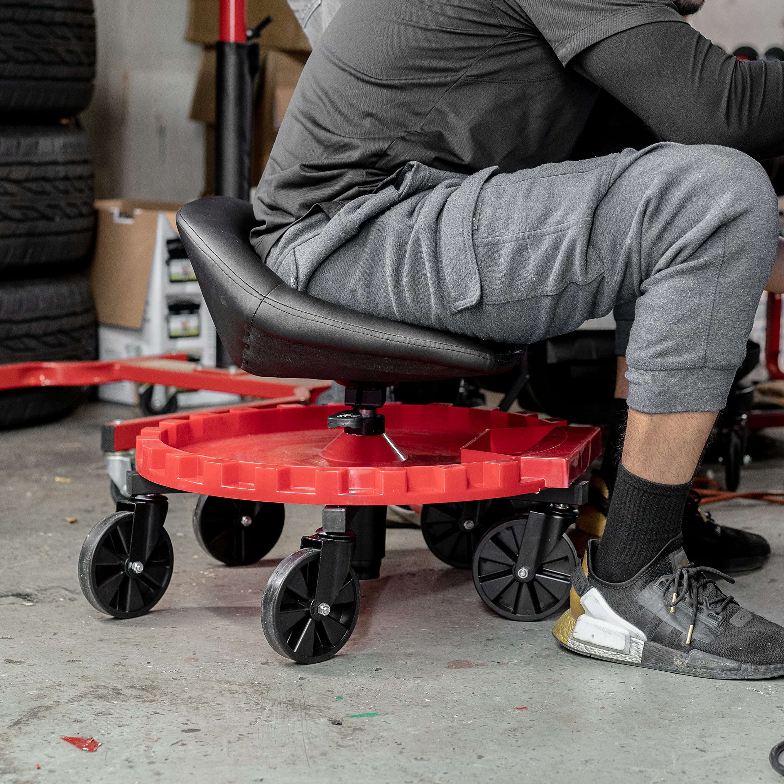 Monster Traxion 2-230 Rolling Padded Mechanic Stool Seat Garage Shop Roller Work Chair with Wheels and Tool Tray, Heavy-Duty 400-lb Capacity, All-Terrain 5" Casters, Black Red