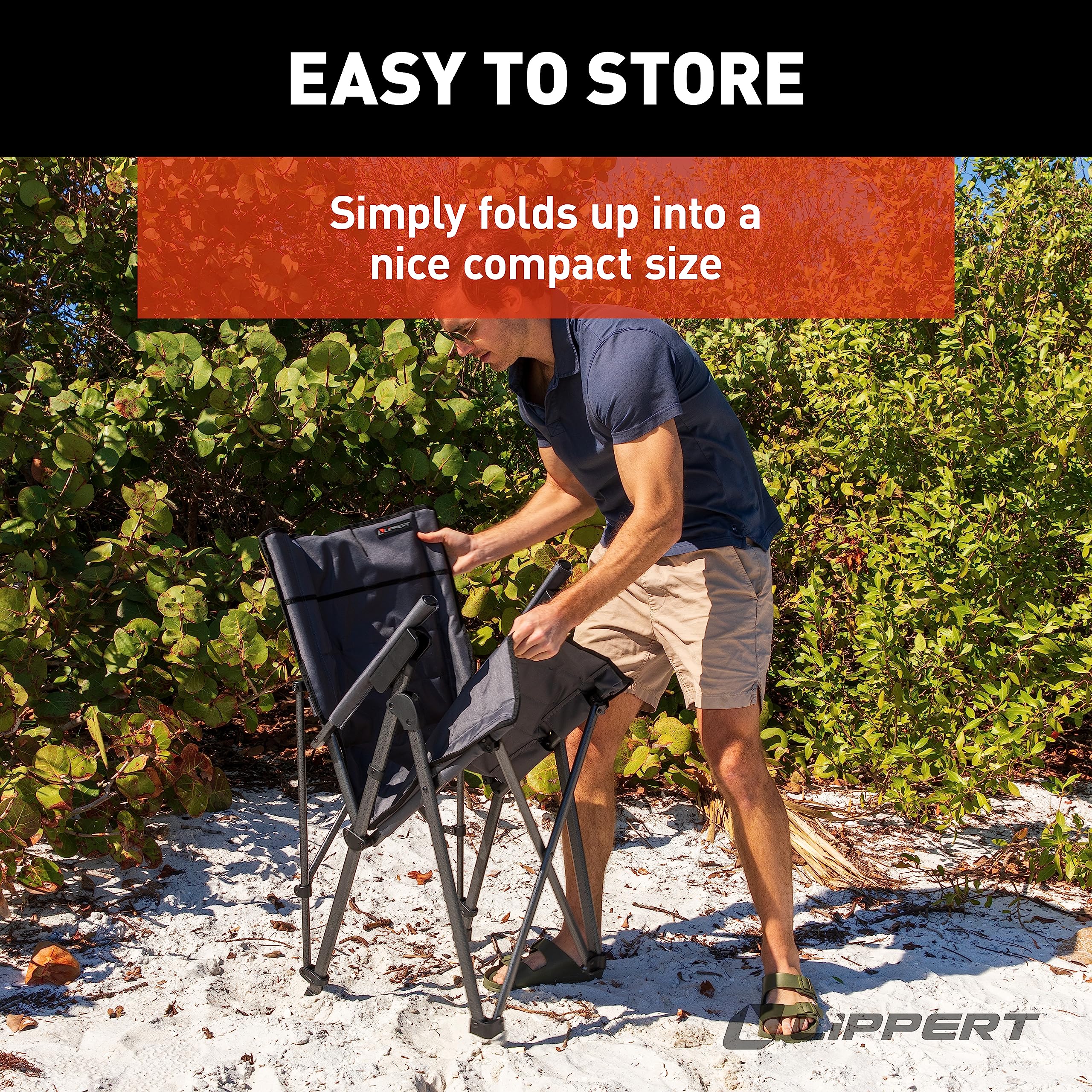 Sun Soaker Lippert Three-Position Reclining Camping Chair with 600D Polyester Fabric, Padded Back/Seat, Steel Frame Construction, 250-lb. Weight Capacity, Dark Grey Color - 2022120581
