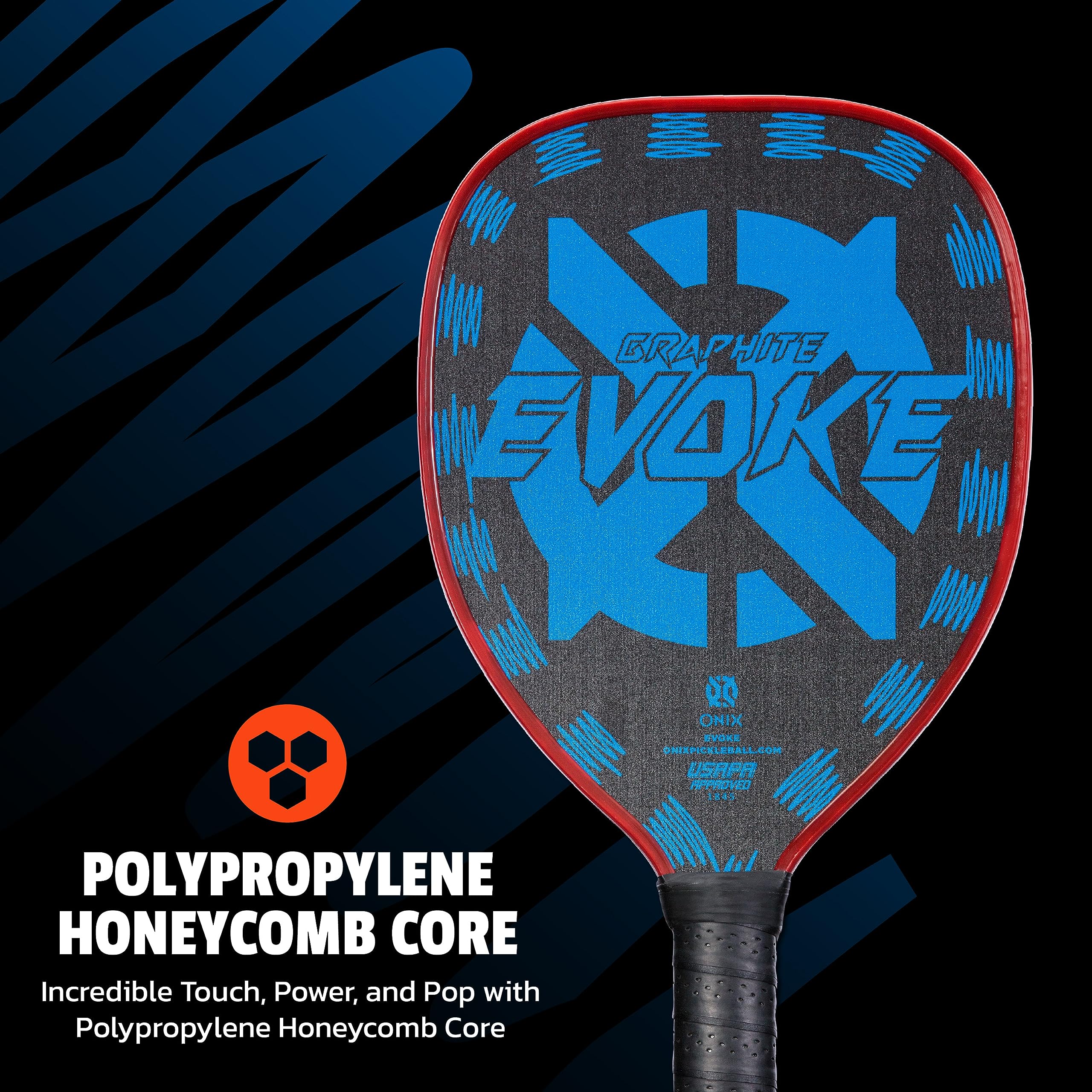 Graphite Onix Evoke Tear Drop Pickleball Paddle Features Tear Drop Shape, Polypropylene Core, and Graphite Face, Blue