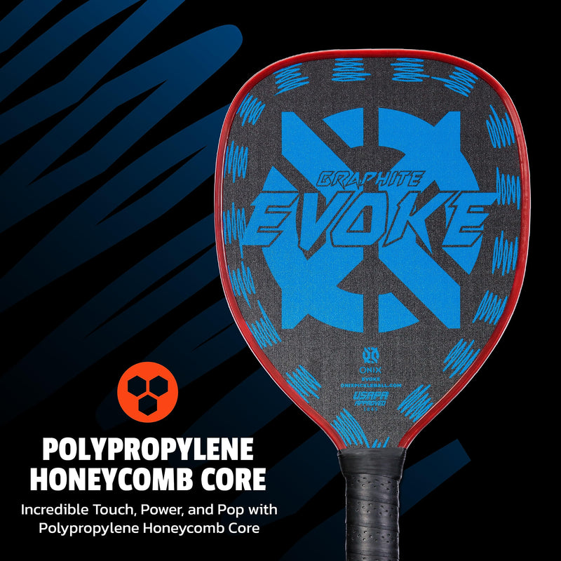 Graphite Onix Evoke Tear Drop Pickleball Paddle Features Tear Drop Shape, Polypropylene Core, and Graphite Face, Blue