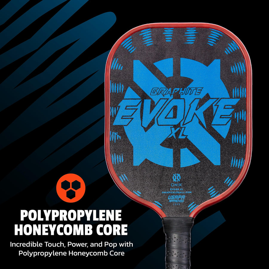 Evoke XL Onix Graphite Pickleball Paddle Features Polypropylene Core, Graphite Face, and Oversized Shape, Blue