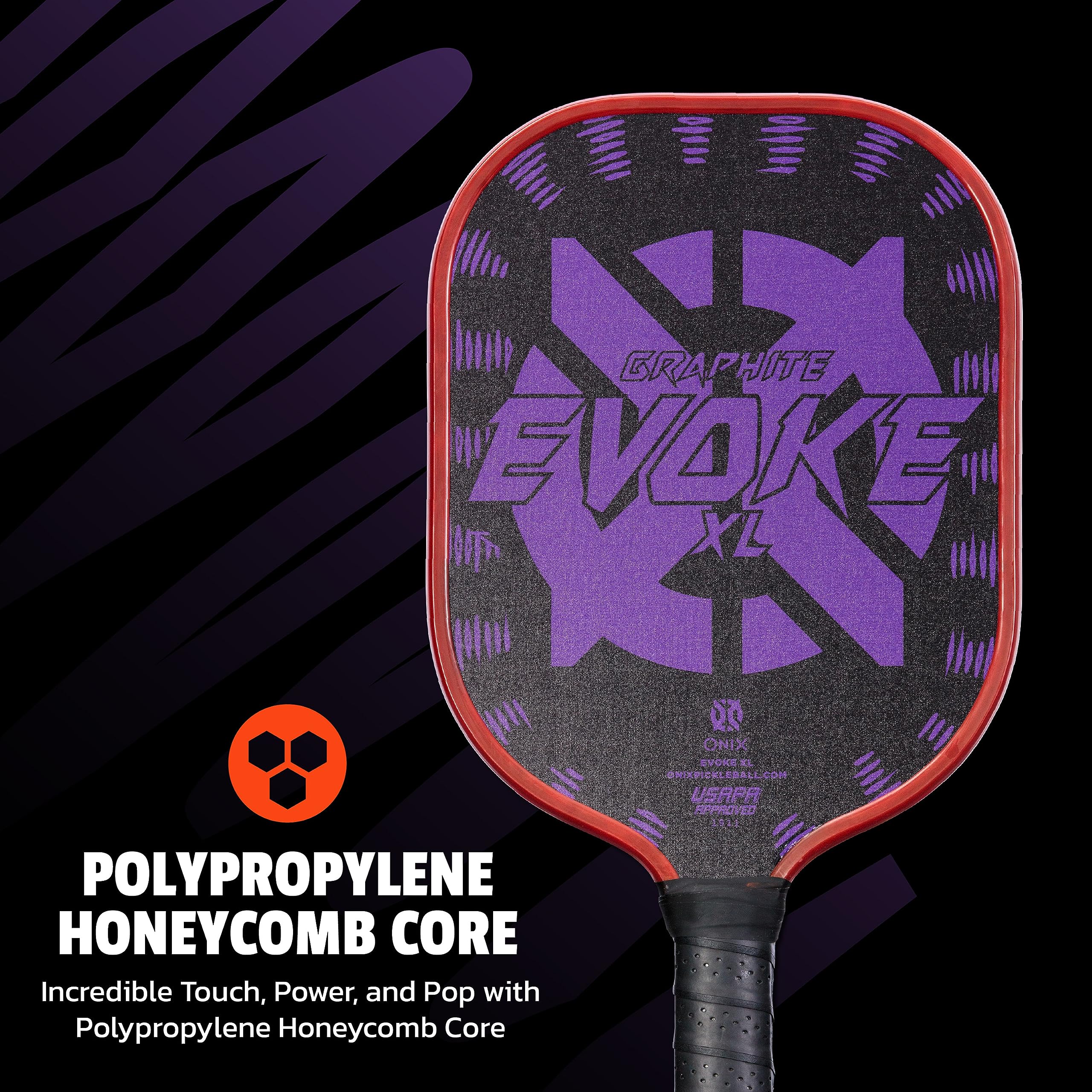 Evoke XL Onix Graphite Pickleball Paddle Features Polypropylene Core, Graphite Face, and Oversized Shape, Purple