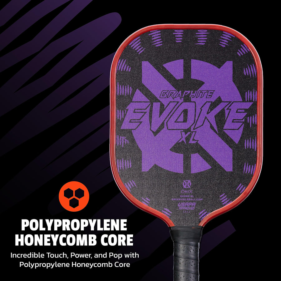 Evoke XL Onix Graphite Pickleball Paddle Features Polypropylene Core, Graphite Face, and Oversized Shape, Purple