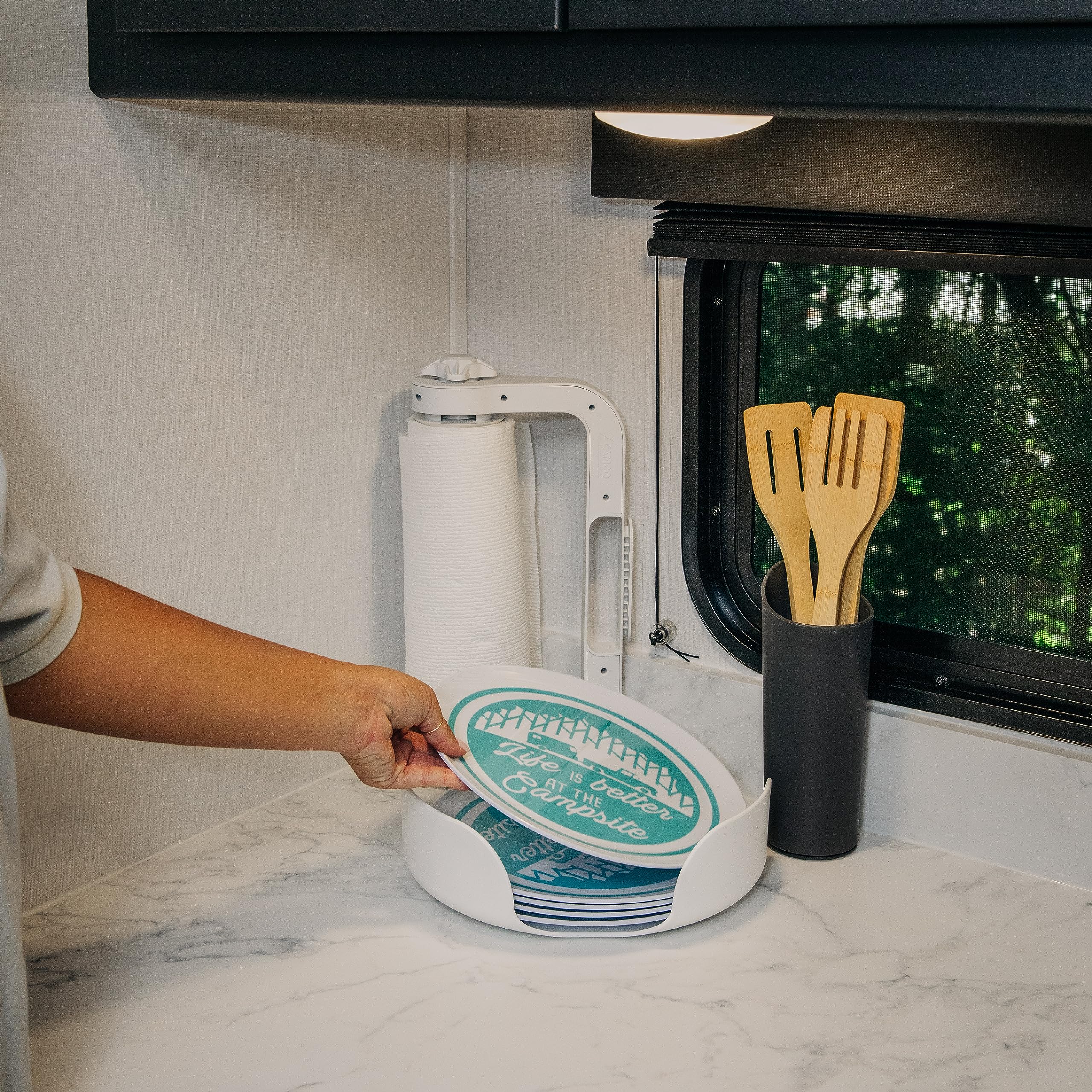 Paper Towel Holder Camco | Ideal for Compact Areas | Features Mountable Design and Adjustable Side Knob | White (57114)