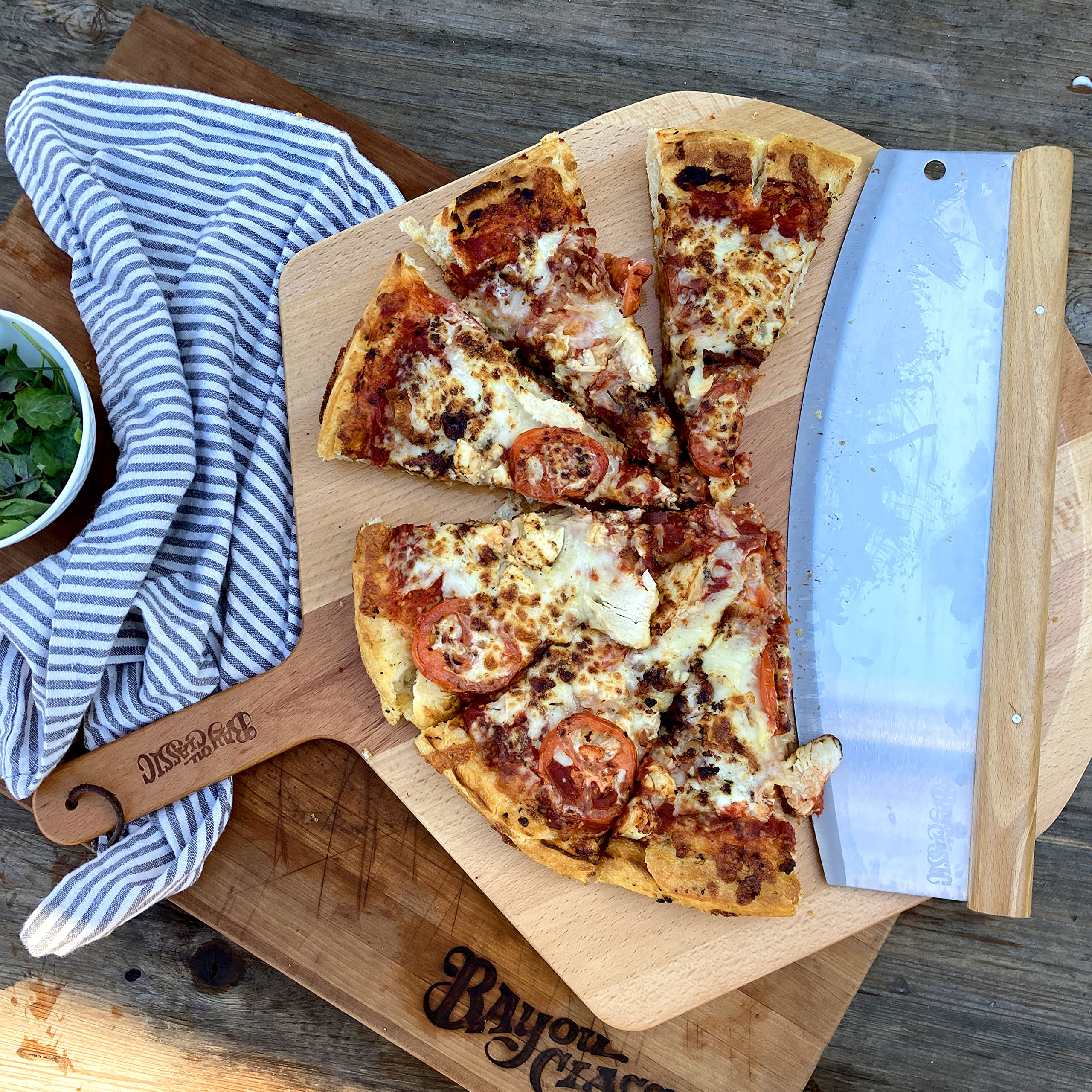 Bayou Classic Pizza Cutter and Peel Set Features 16-in Pizza Peel w/Beveled Edge 13.75-in Two-Handed Rocking Pizza Cutter Perfect For Making Homemade Pizza or Flat-Breads