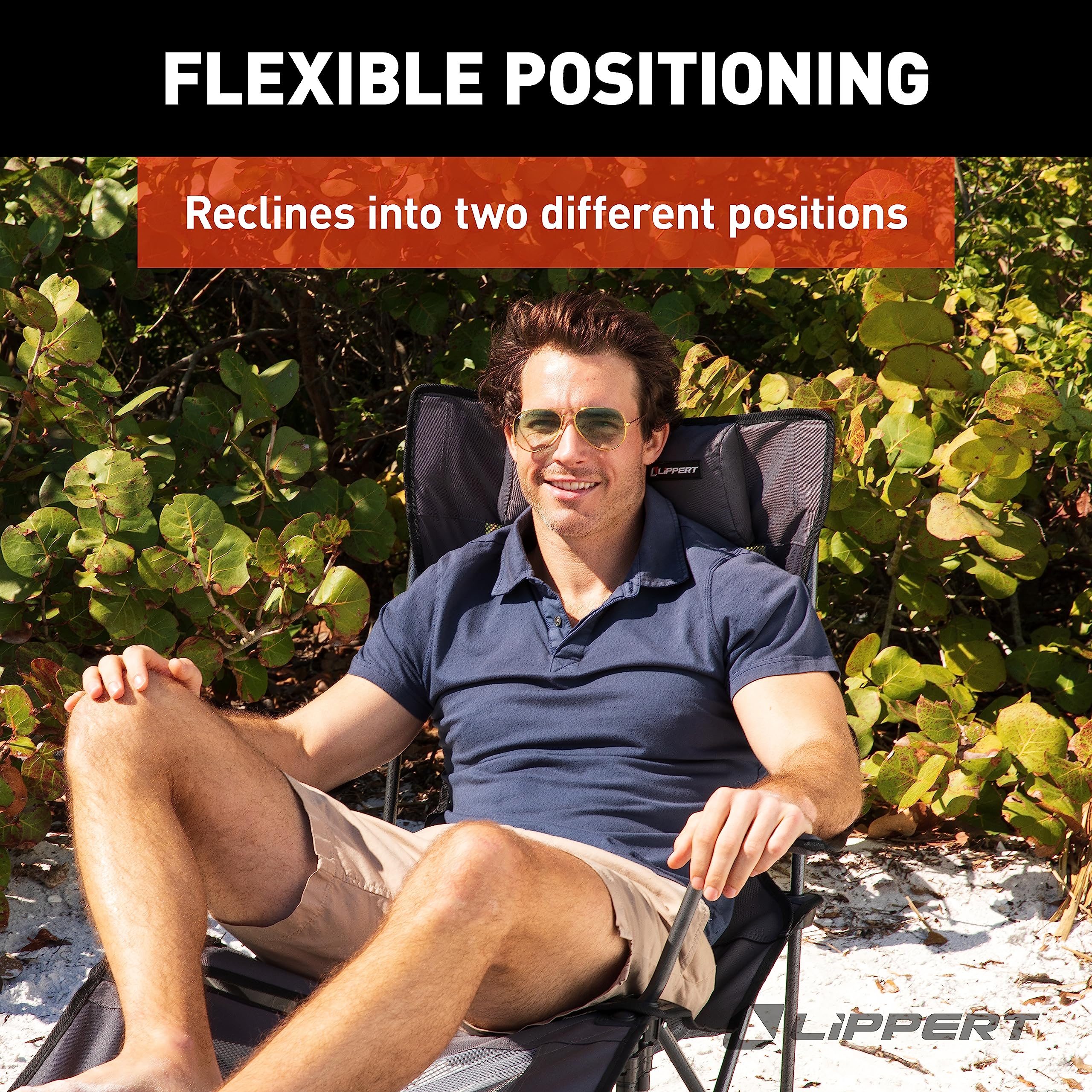 Sun Soaker Lippert Two-Position Vented Reclining Camping Chair with Footrest, 600D Polyester Fabric, Mesh Back/Seat, Padded Headrest, Cupholder, 250-lb. Weight Capacity, Dark Grey Color - 2022114830