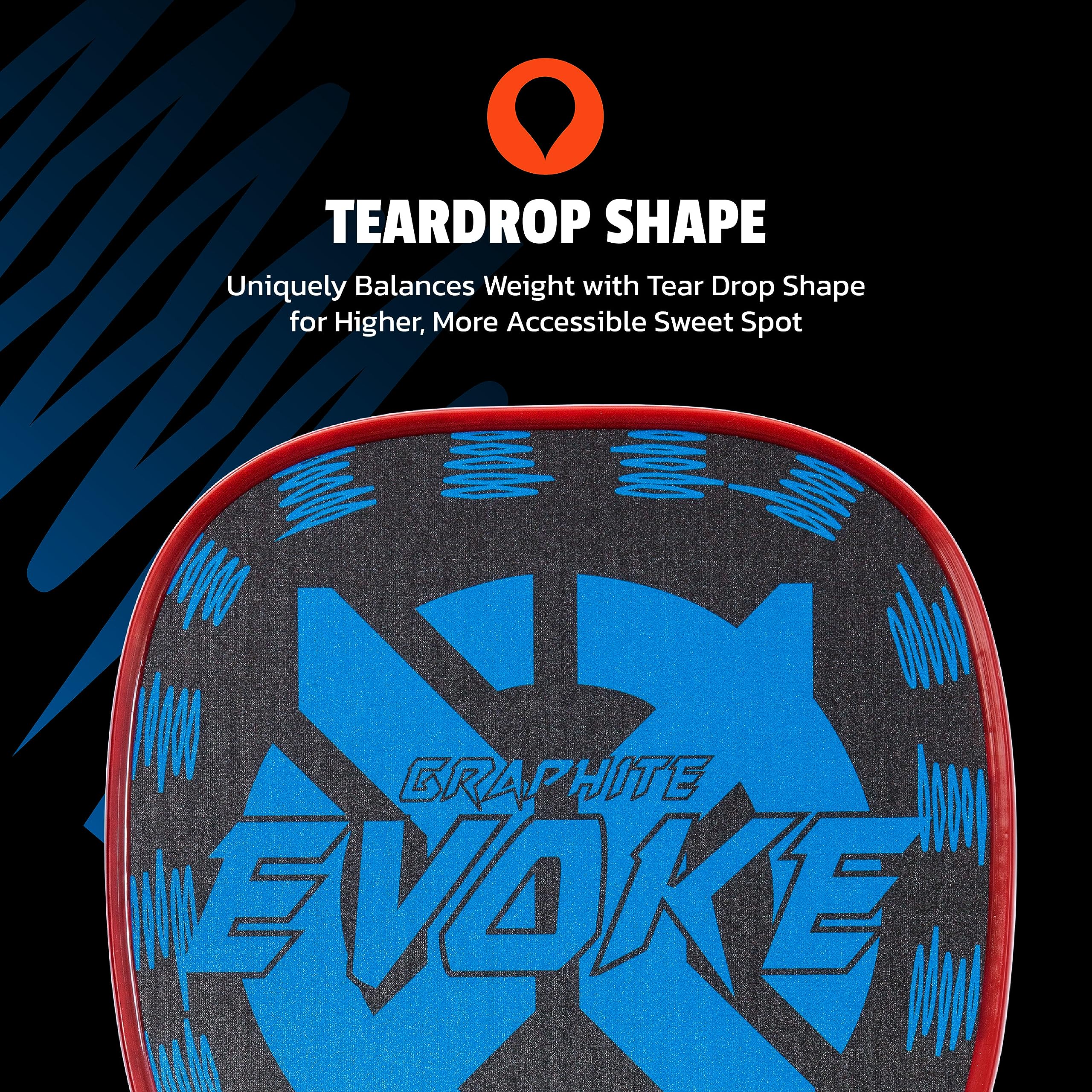 Graphite Onix Evoke Tear Drop Pickleball Paddle Features Tear Drop Shape, Polypropylene Core, and Graphite Face, Blue