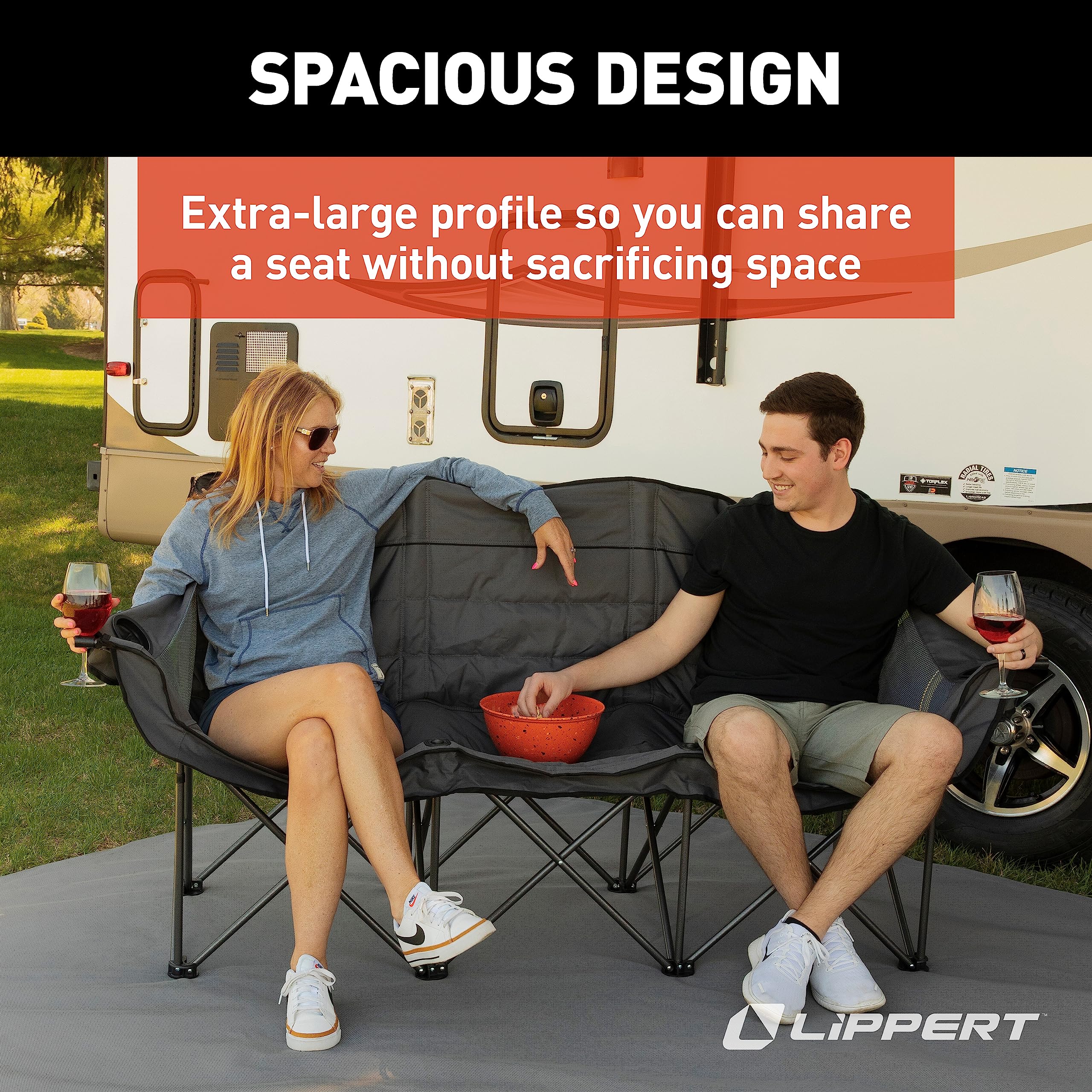 Lippert Folding Campfire Couch - Dark Grey, High-Loft, Foldable Sofa, Dual Cup Holders, Power Coated Steel Frame, Durable 600D Outdoor Polyester Fabric, 500 lb. Capacity, 2022114796