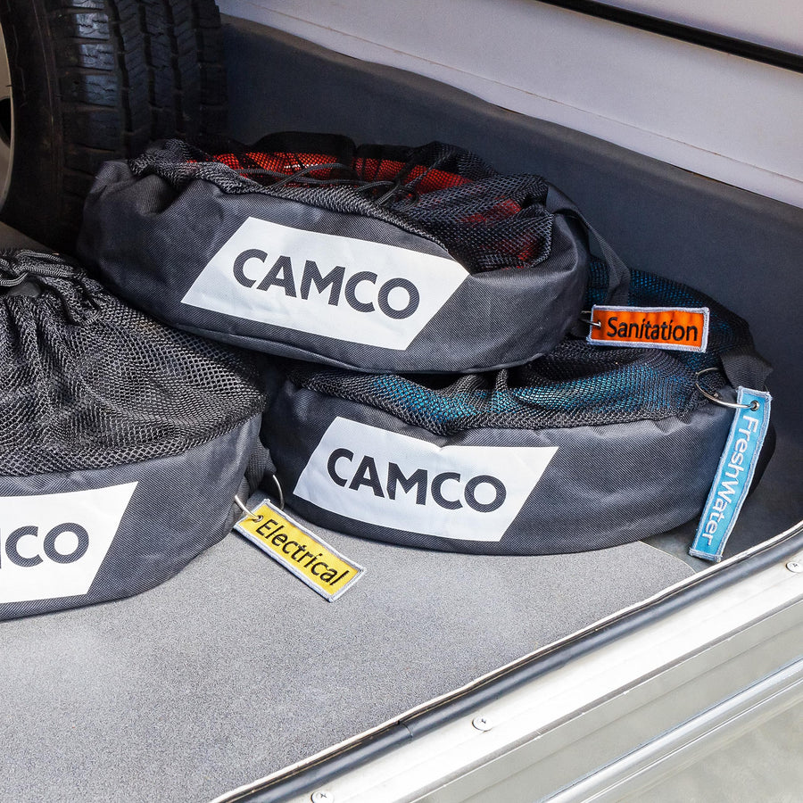 Camco Storage Bag Camper & RV Equipment - Features Lined Interior w/Breathable Mesh Top & Barrel Lock Clasp - Includes 3 ID Tags for RV Storage and Organization - 16” in Diameter x 10” Deep (53097)