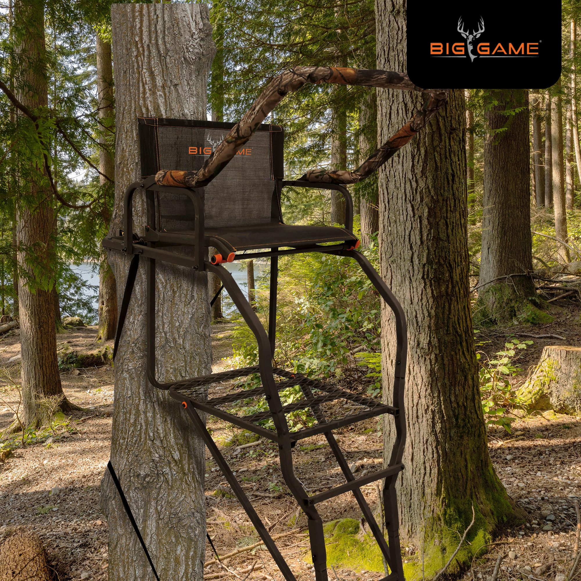 Striker XL BIG GAME Ladder Treestand 17.5 Foot Tall with Flip Back Seat, Padded Armrests, Deep Foot Platform, Ideal for Hunting and Shooting, Black