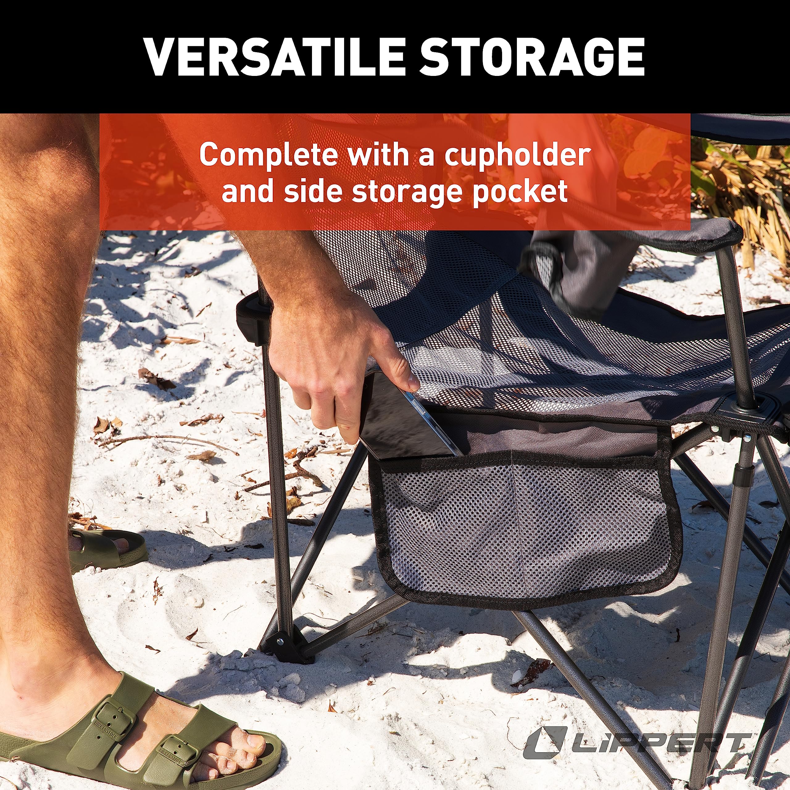 Sun Soaker Lippert Two-Position Vented Reclining Camping Chair with Footrest, 600D Polyester Fabric, Mesh Back/Seat, Padded Headrest, Cupholder, 250-lb. Weight Capacity, Dark Grey Color - 2022114830