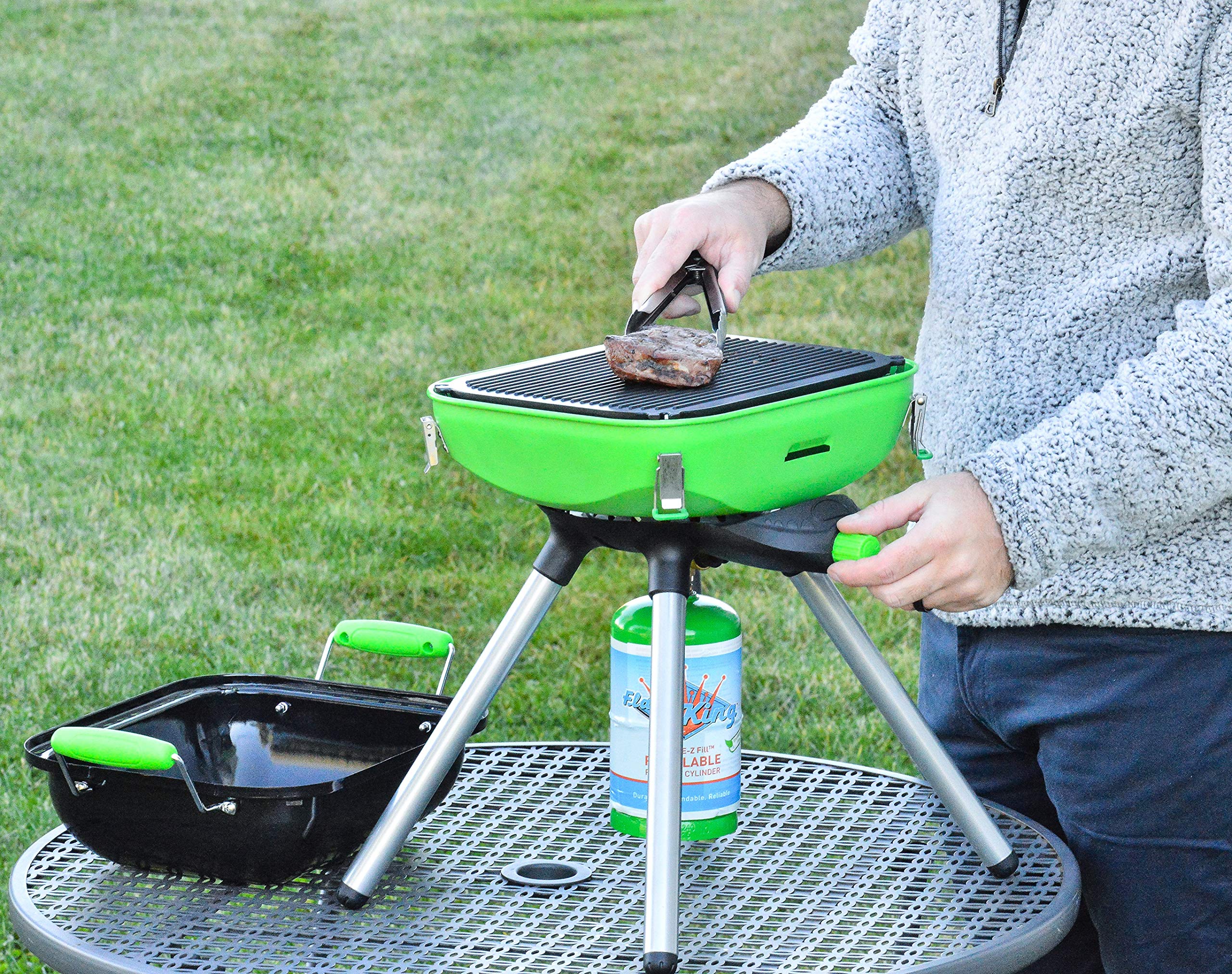 Flame King Multi-Function YSNVT-301 Portable Propane BBQ Grill Camp Stove, 8000 BTU 9.5 x 12 Inch Cooking Surface, Light Green/Black