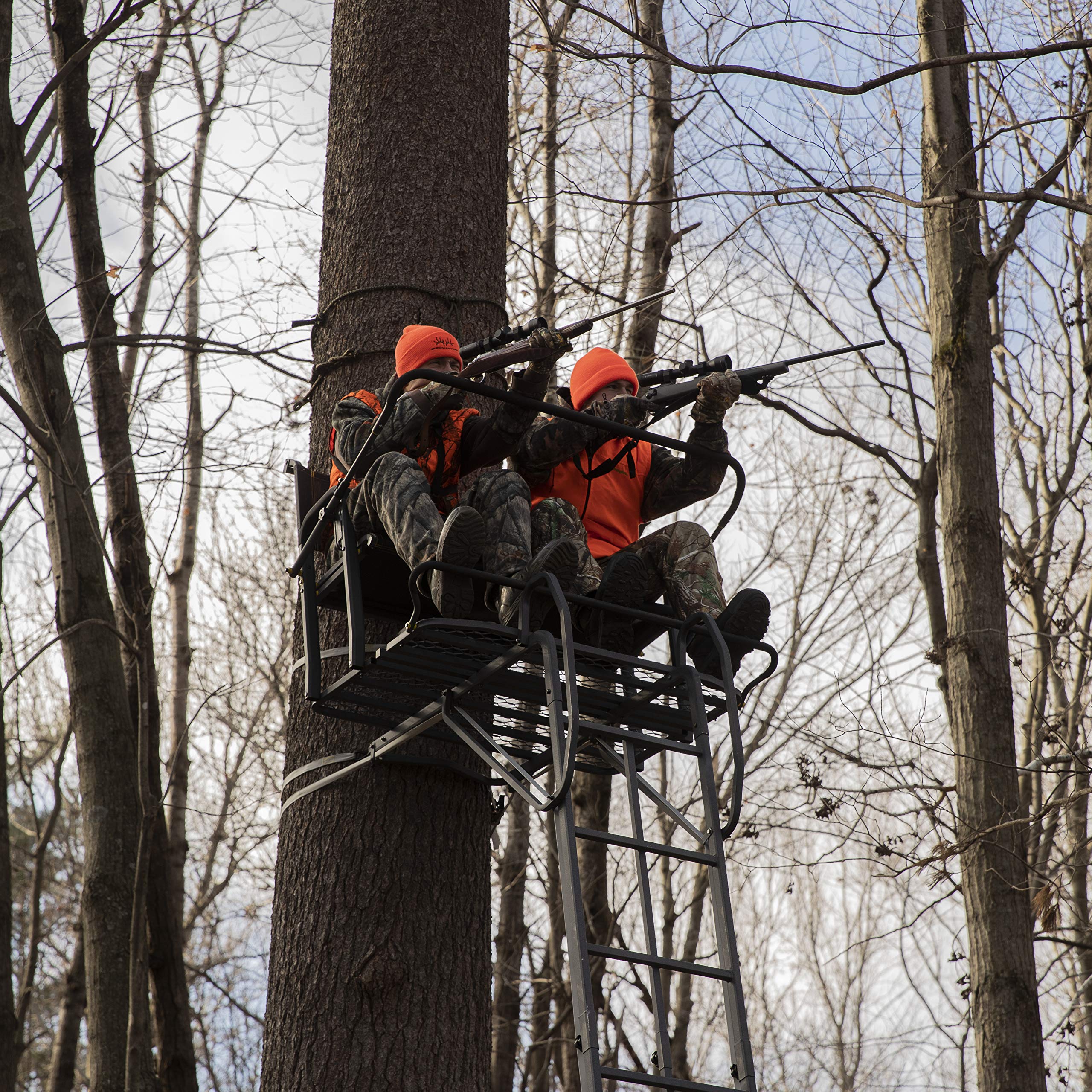 Lockdown™ 21' 2-Man Rivers Edge®, Towering 21' Height, Flip-Up TearTuff™ Mesh Bench Seat, The Ultimate Shooting Rail™, Patent-Pending Ground-Level Ratcheting Technology™, LD202