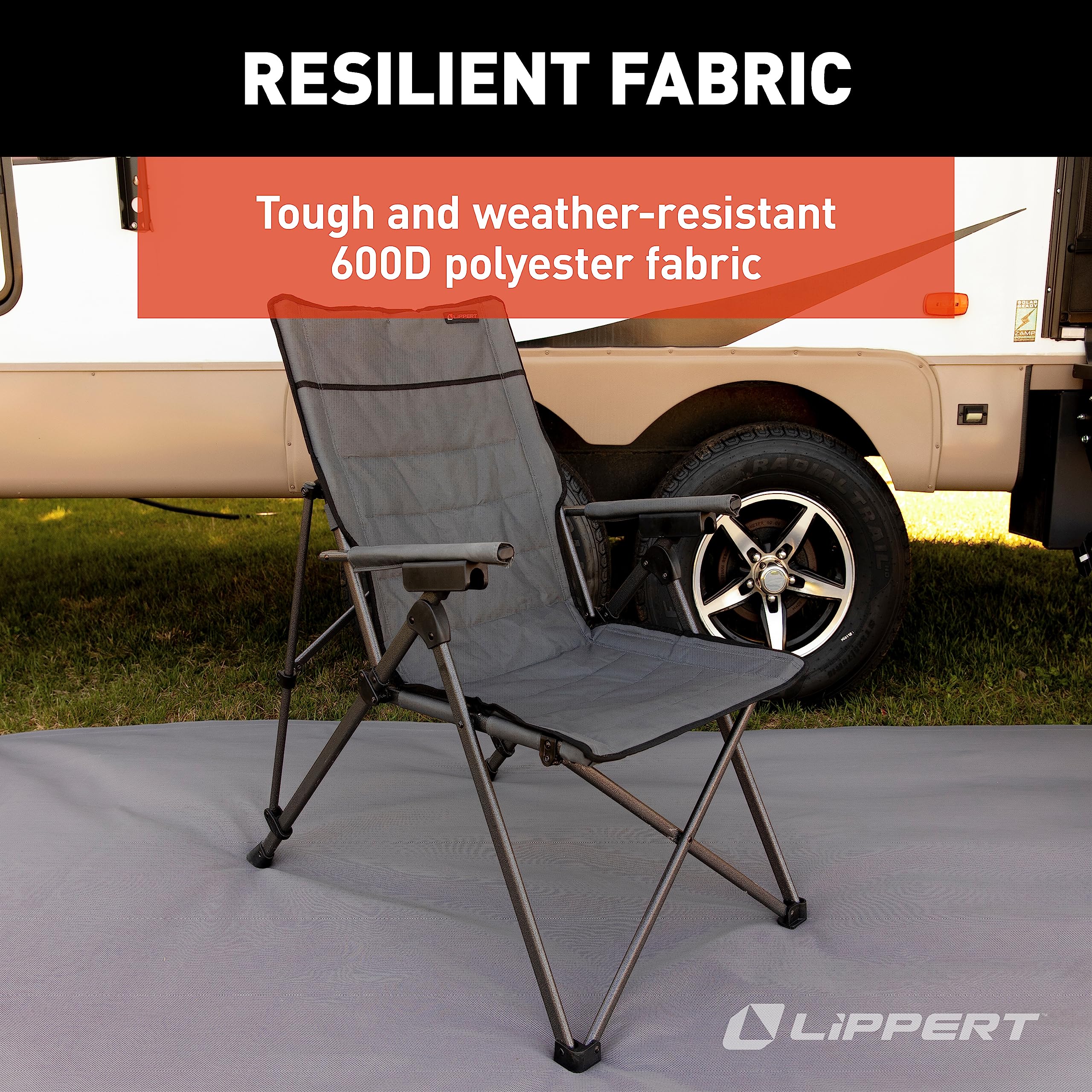 Sun Soaker Lippert Three-Position Reclining Camping Chair with 600D Polyester Fabric, Padded Back/Seat, Steel Frame Construction, 250-lb. Weight Capacity, Dark Grey Color - 2022120581