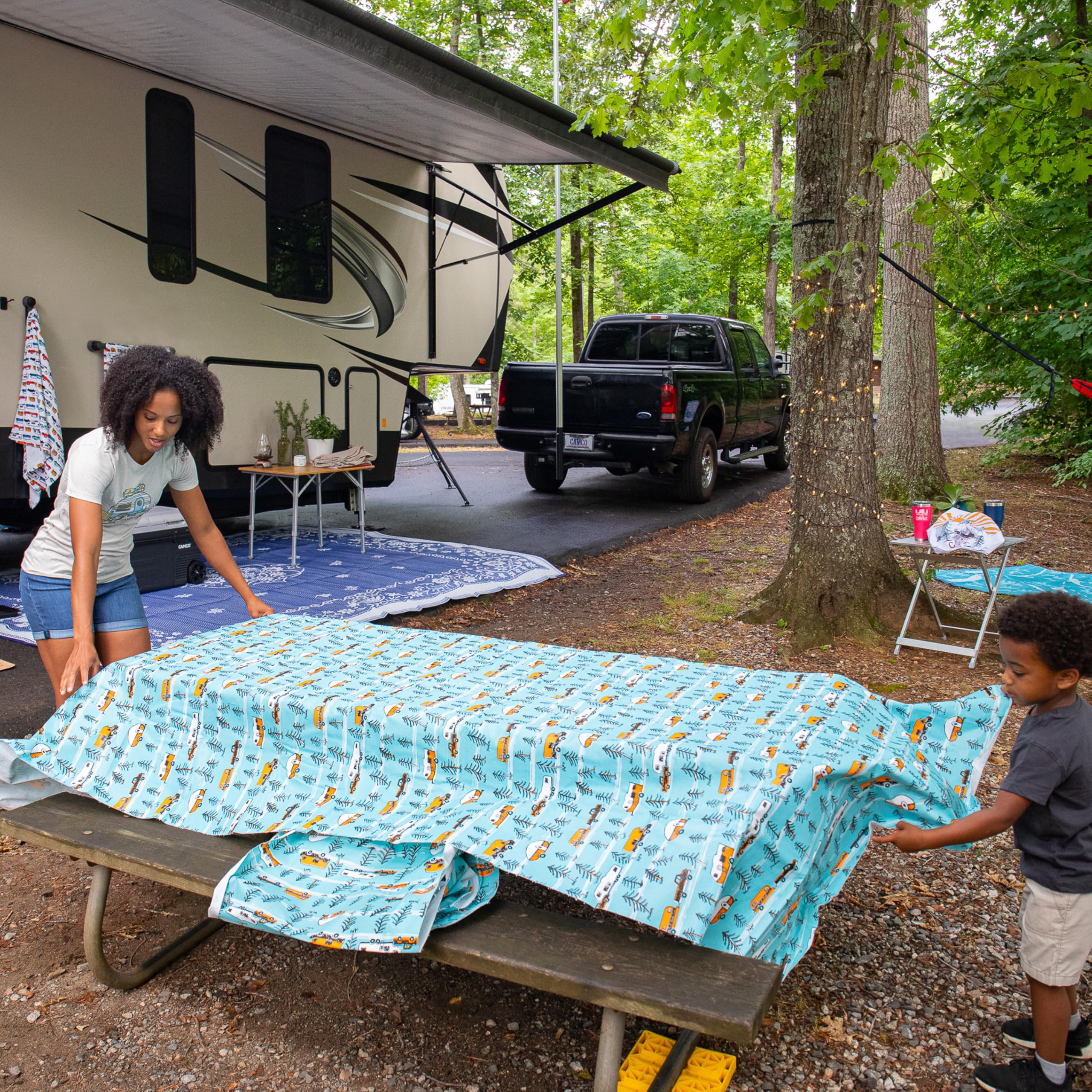 Camco Picnic Table Cover Life is Better at The Campsite with Bench Covers - Provides a Clean Eating Surface for Outdoor Activities - Features an RV and Tree Sketch Design (53380)