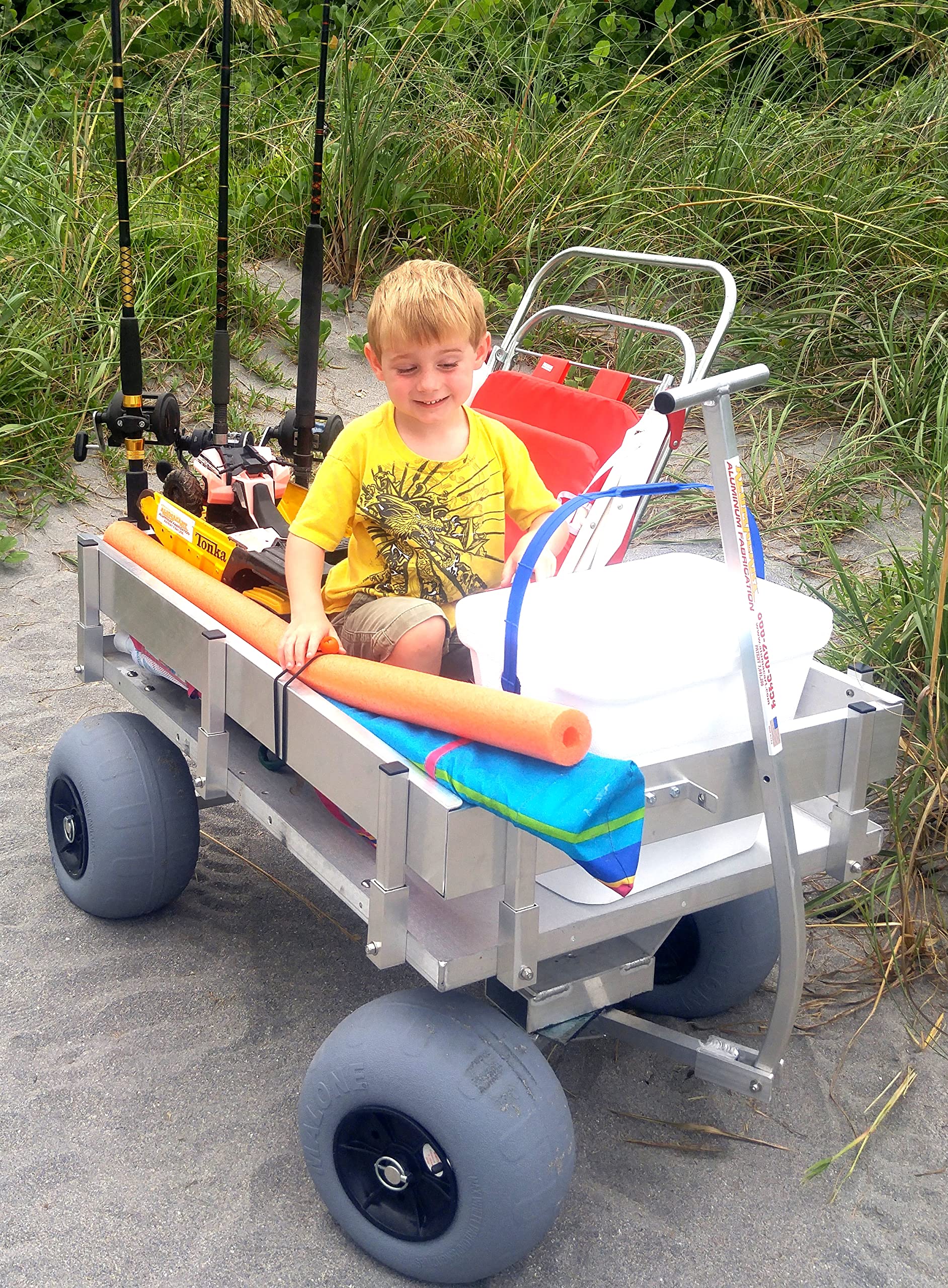 Beach Wagon-Large Big Kahuna Solid Aluminum Deck, Aluminum-Balloon Tires-Rod Holders-No Rust-Walls-Made in USA