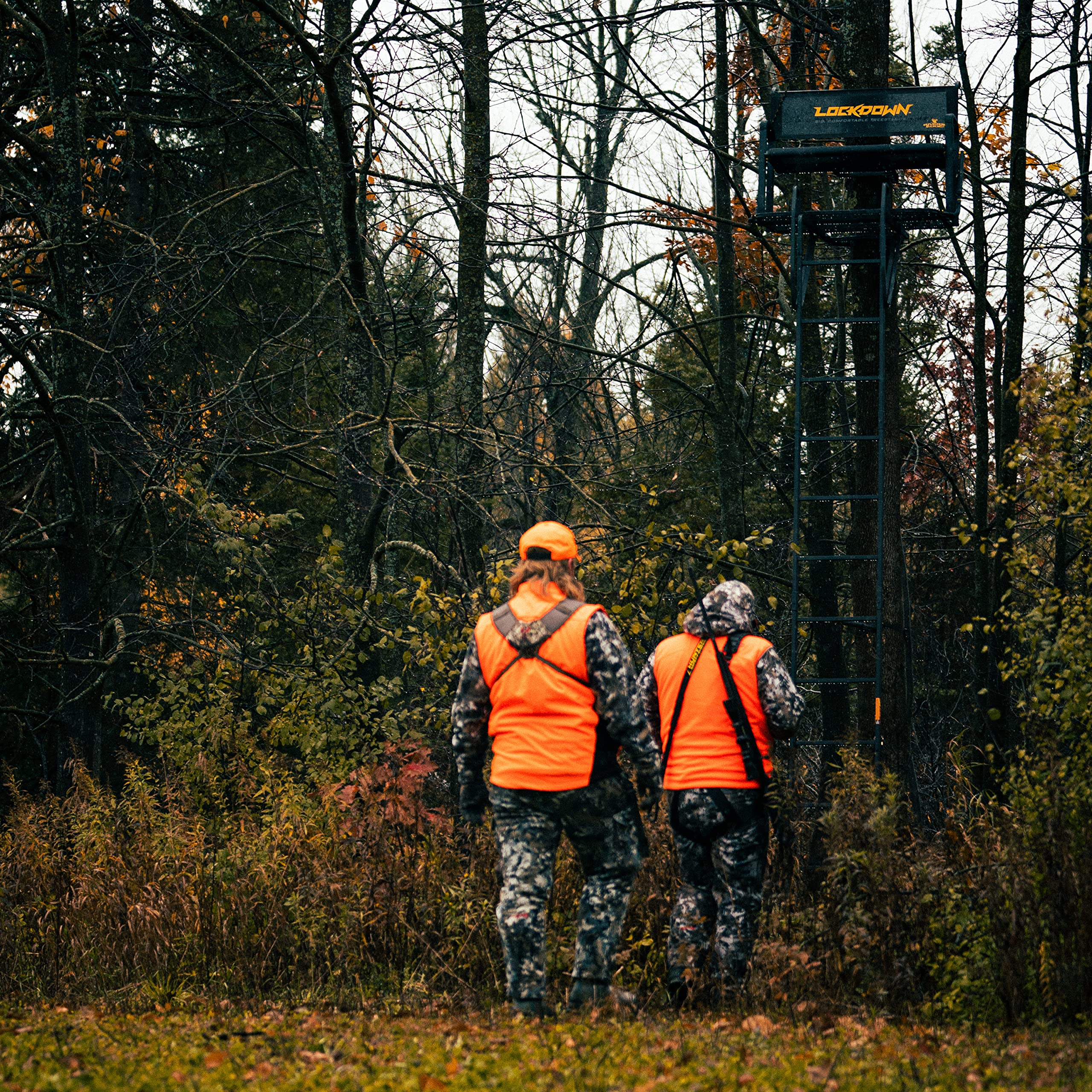 Lockdown™ 2-Man Rivers Edge® 17' Height, Flip-Up TearTuff™ Mesh Bench Seat, The Ultimate Shooting Rail, Patent-Pending Ground-Level Ratcheting Technology™, LD203