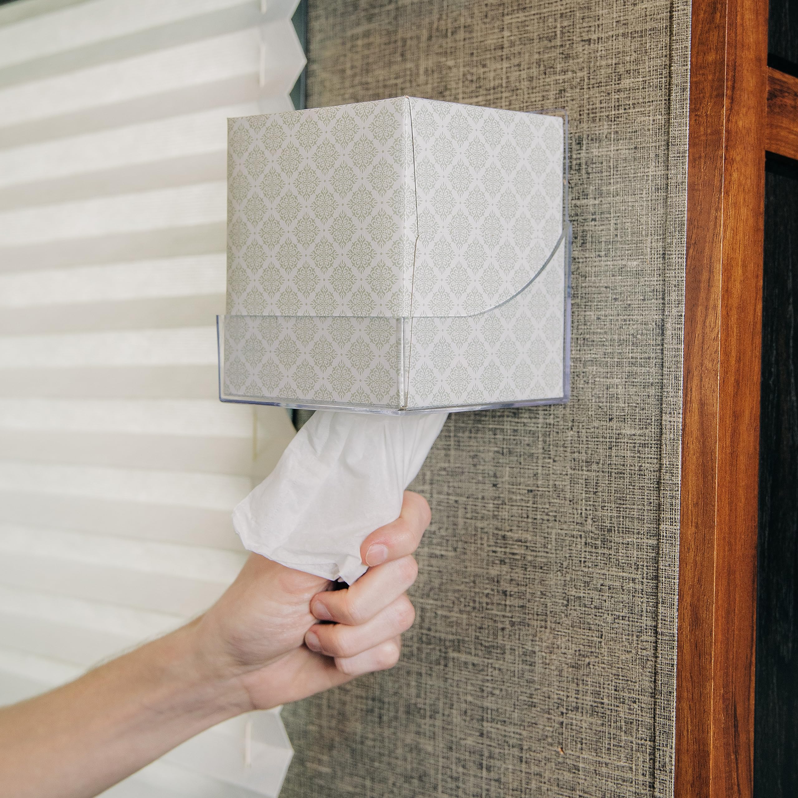 Camco Tissue Box Holder- Pop-A-Tissue- Mounts to Walls and Cabinets, Dispenses Tissue and Holds Tissue Boxes Upward or Downward- Perfect for RVs and Trailers, Easy Install - Clear (57101)