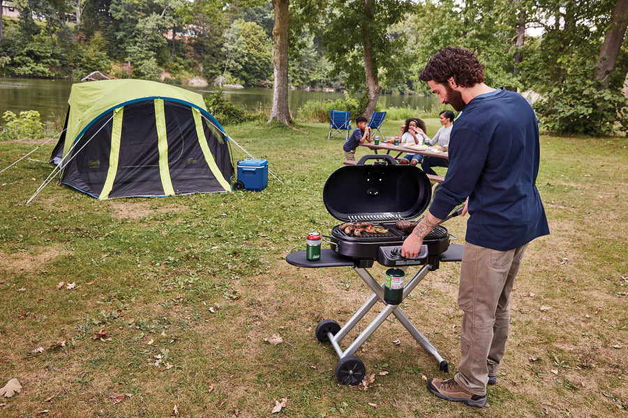 RoadTrip Coleman 285 Portable Stand-Up Propane Grill with 3 Adjustable Burners & Instastart Ignition, 20,000 BTUs of Power for Outdoor Cooking, Camping, Tailgating, Grilling, BBQs, & More