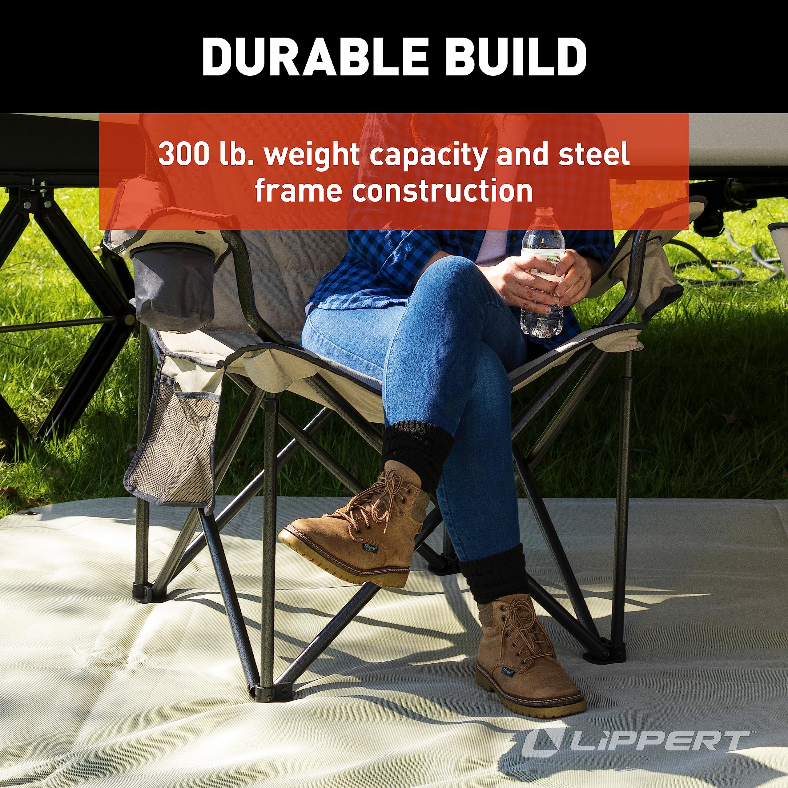 Lippert Deluxe Campfire Folding Chair - Sand, High-Loft, Foldable Cushion Chair, Dual Cup Holders, Power Coated Steel Frame, Durable 600D Outdoor Polyester Fabric, 500 lb. Capacity, 2022114819