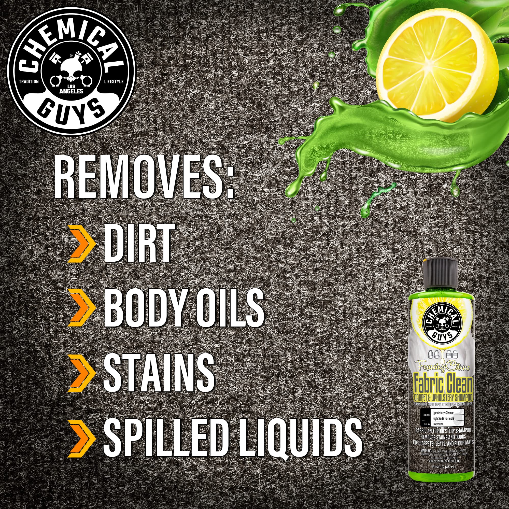 Chemical Guys Foaming Citrus CWS203 Fabric Clean Carpet & Upholstery Cleaner (Car Carpets, Seats & Floor Mats), Safe for Cars, Home, Office, & More, 128 fl oz (1 Gallon), Citrus Scent