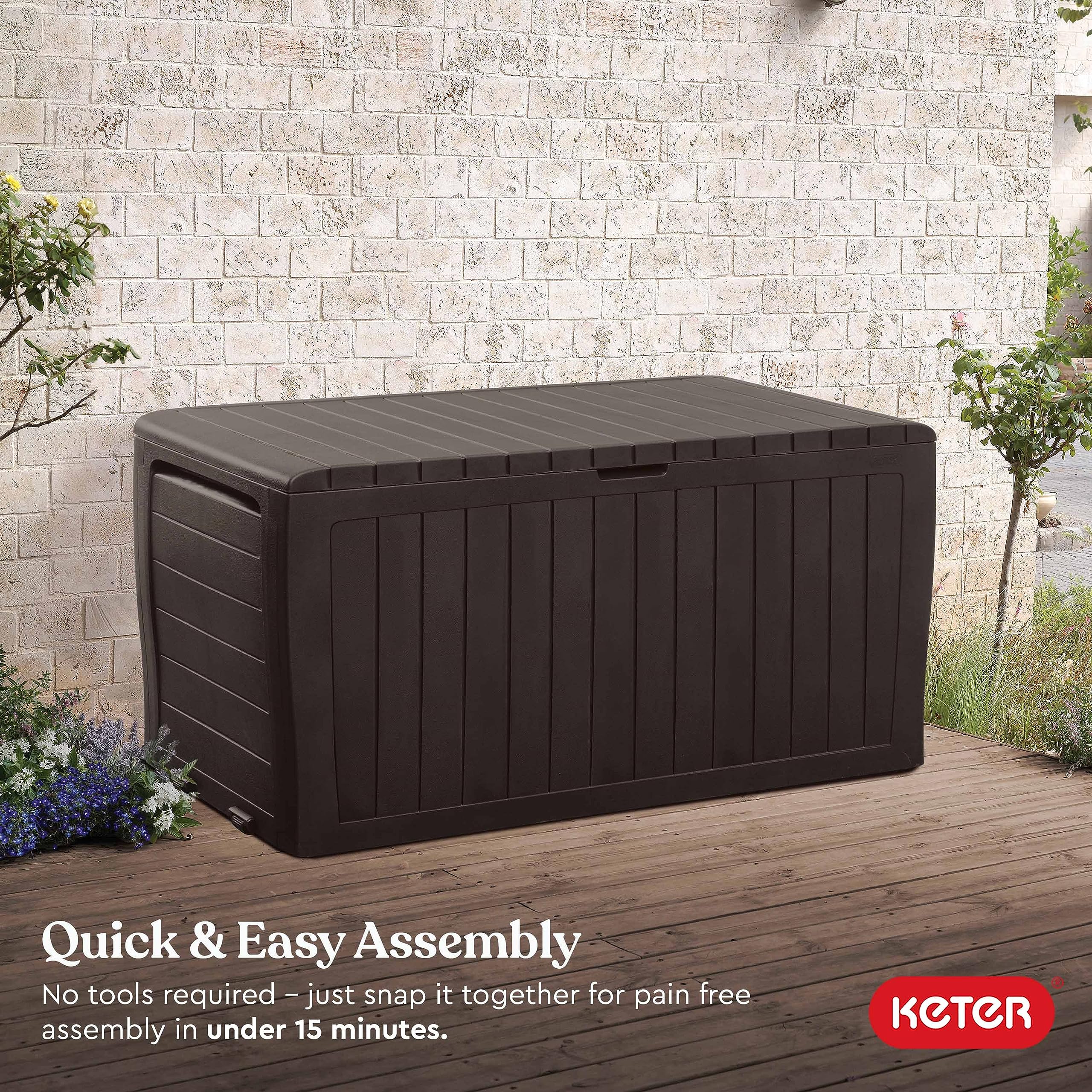 Keter 71 Gallon Marvel Plus Resin Outdoor Storage Box for Patio Furniture Cushions, Throw Pillows, Garden Tools and Pool Floats, Brown