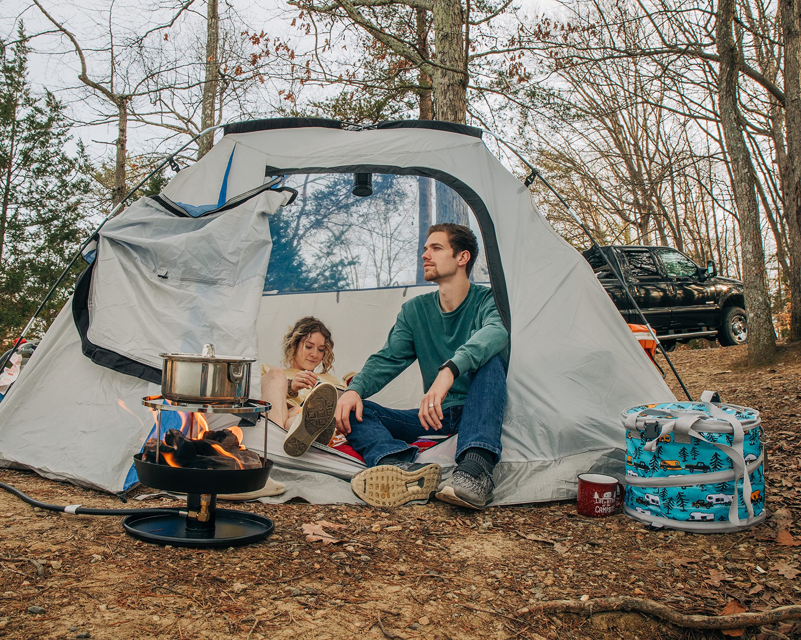 Camco Pop-Up Soft Cooler Life is Better at The Campsite - Features a Water-Resistant Interior, Built-in Bottle Opener, and RV Sketch Design - Holds Up to a 12-Pack of Bottled or Canned Drinks (53417)