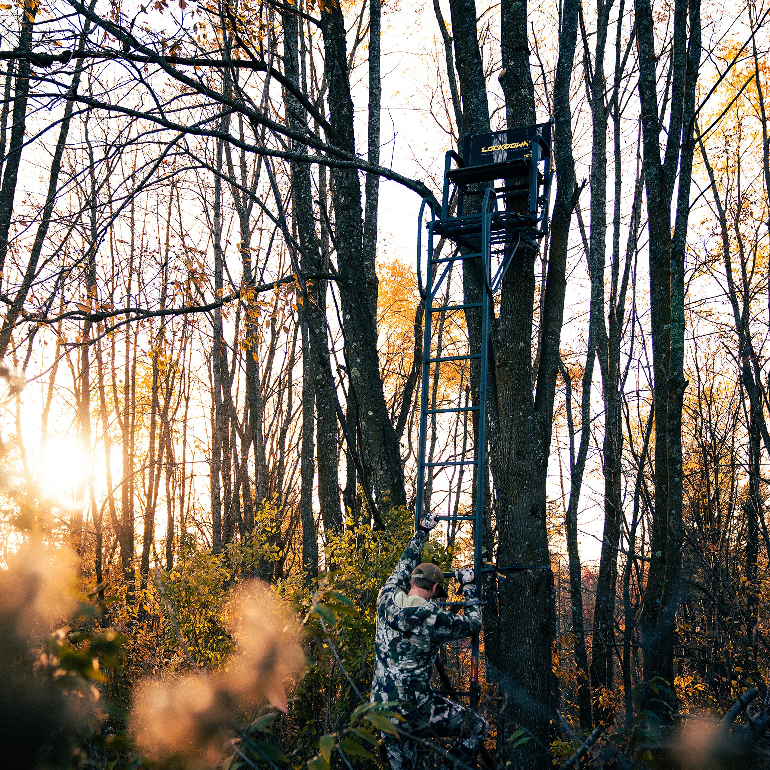 Lockdown™ Rivers Edge® Wide, 17' Height, Wide Flip-Up TearTuff™ Mesh Seat, The Ultimate Shooting Rail™, Patent-Pending Ground-Level Ratcheting Technology™, LD201