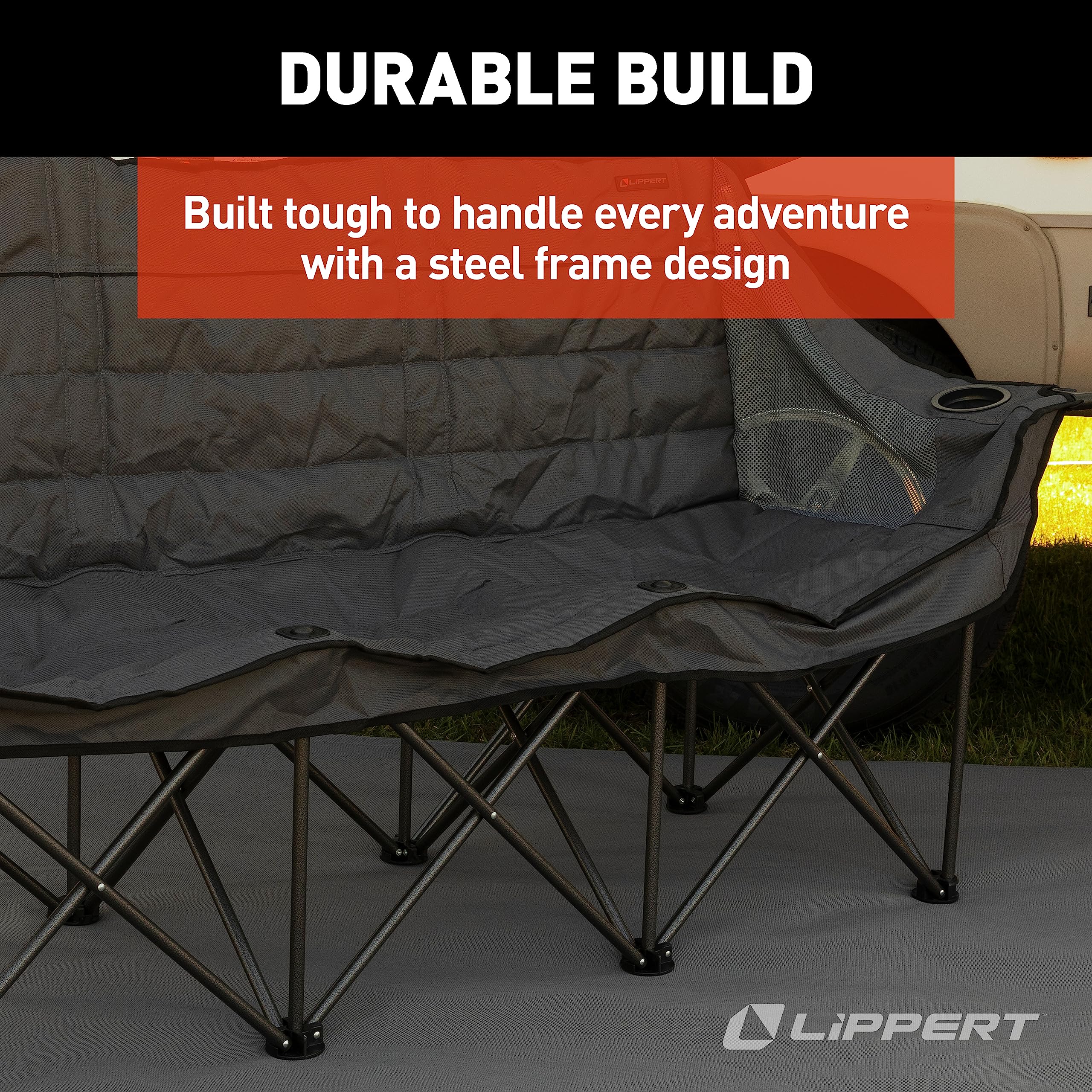 Lippert Folding Campfire Couch - Dark Grey, High-Loft, Foldable Sofa, Dual Cup Holders, Power Coated Steel Frame, Durable 600D Outdoor Polyester Fabric, 500 lb. Capacity, 2022114796