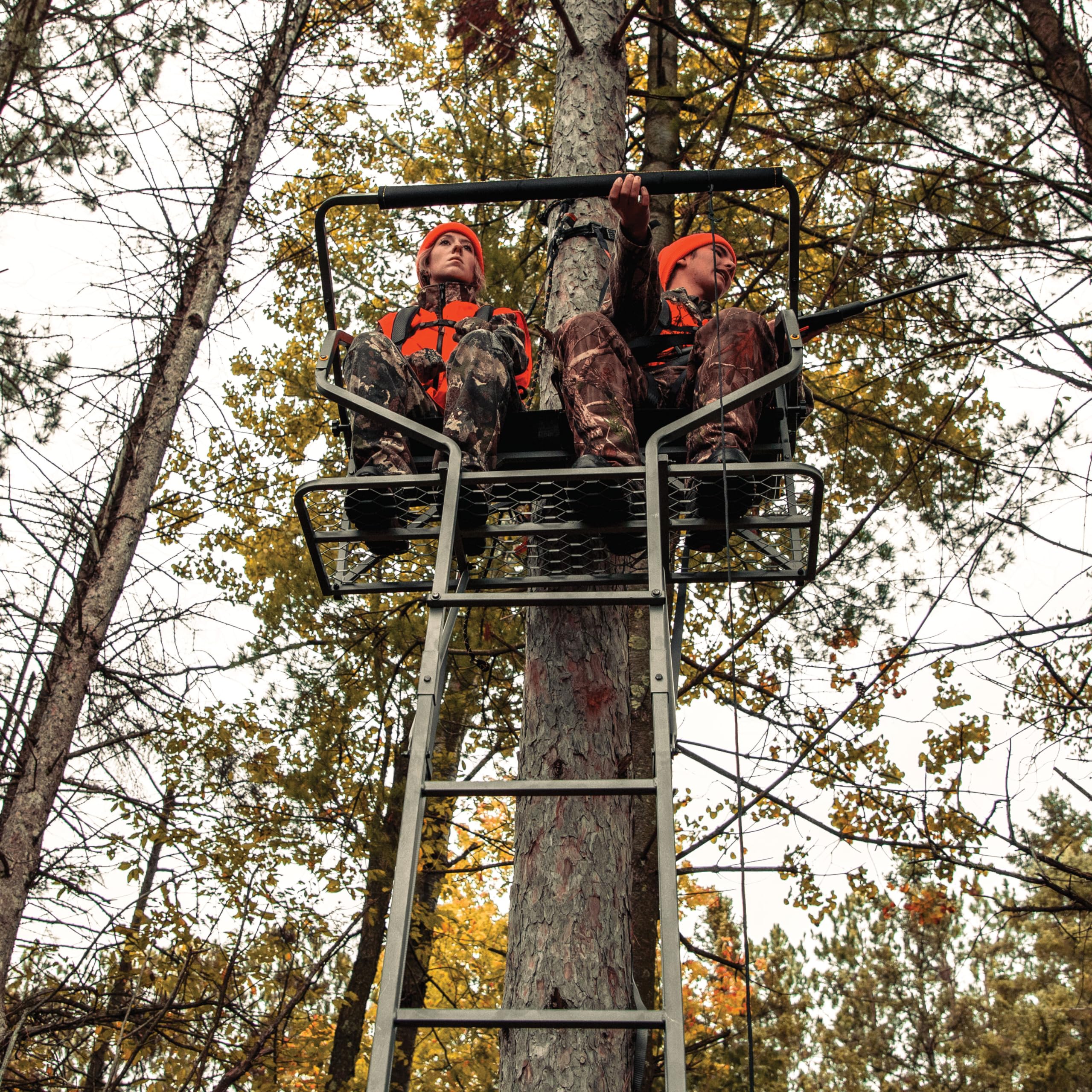 Relax 2-Man LS Ladder Stand, Rivers Edge, 16’10” Height, Lockdown Strapping System, Large Platform, TearTuff Mesh Seat, Flip-Back Shooting Rail, RE673