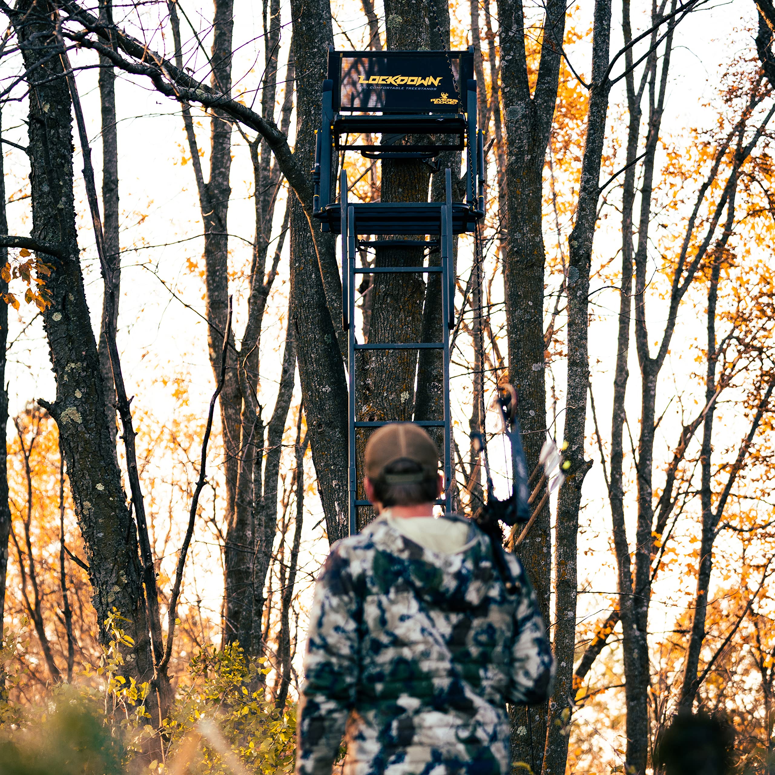 Lockdown™ Rivers Edge® Wide, 17' Height, Wide Flip-Up TearTuff™ Mesh Seat, The Ultimate Shooting Rail™, Patent-Pending Ground-Level Ratcheting Technology™, LD201