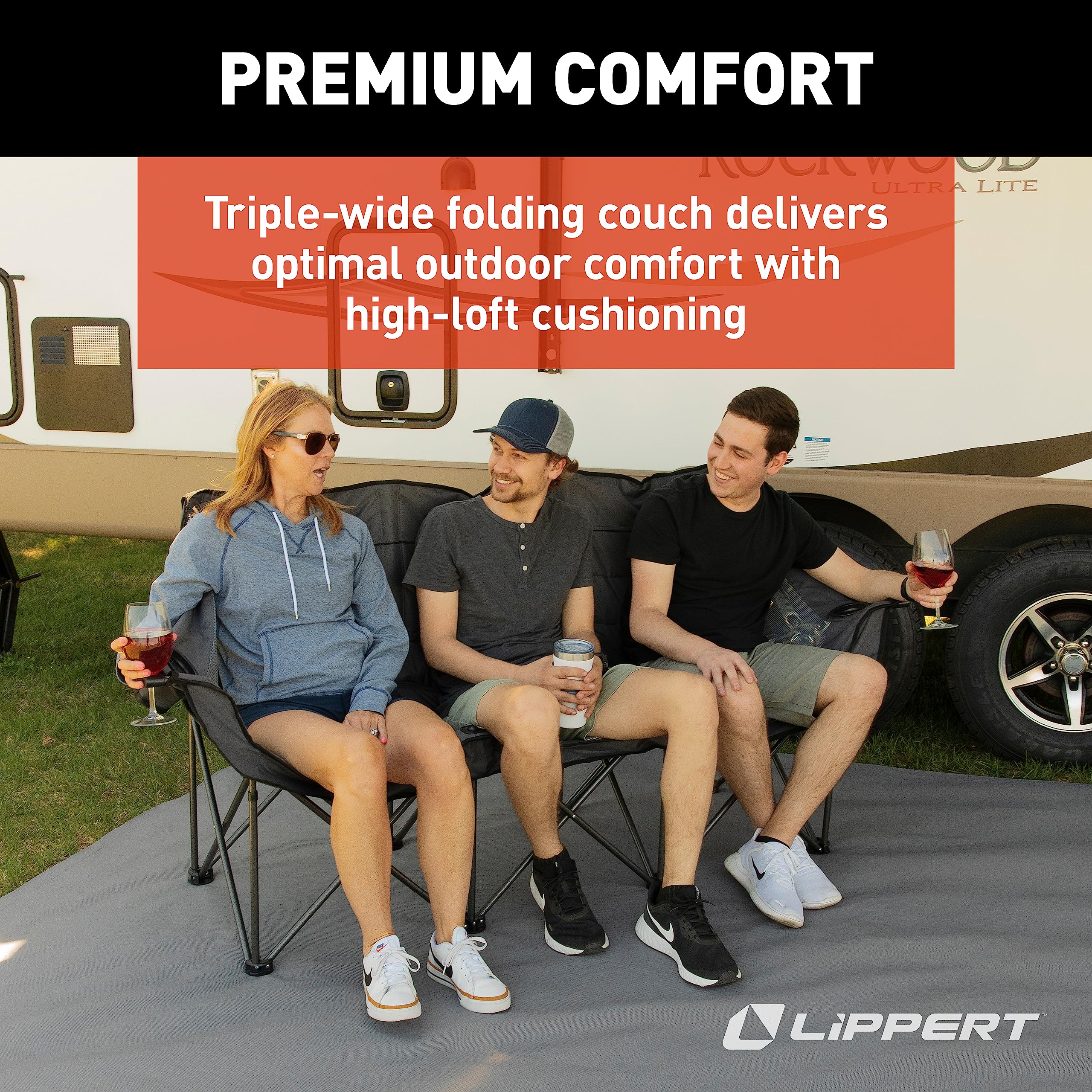Lippert Folding Campfire Couch - Dark Grey, High-Loft, Foldable Sofa, Dual Cup Holders, Power Coated Steel Frame, Durable 600D Outdoor Polyester Fabric, 500 lb. Capacity, 2022114796