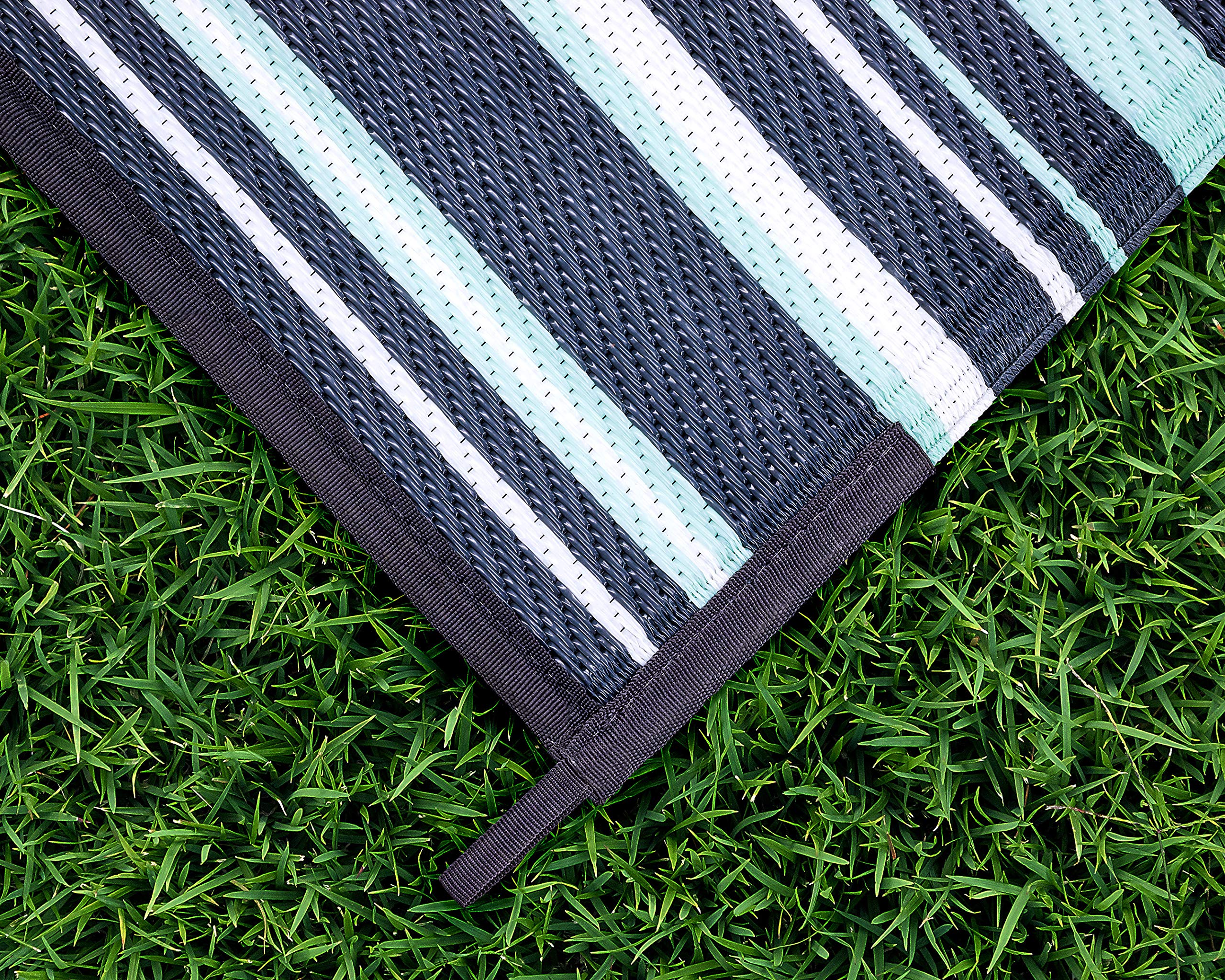 Camco Reversible Large Outdoor Patio Mat, Easy to Clean, Perfect for Picnics, Cookouts, Camping, and The Beach (9' x 12', Green and White Striped Design) (42864)