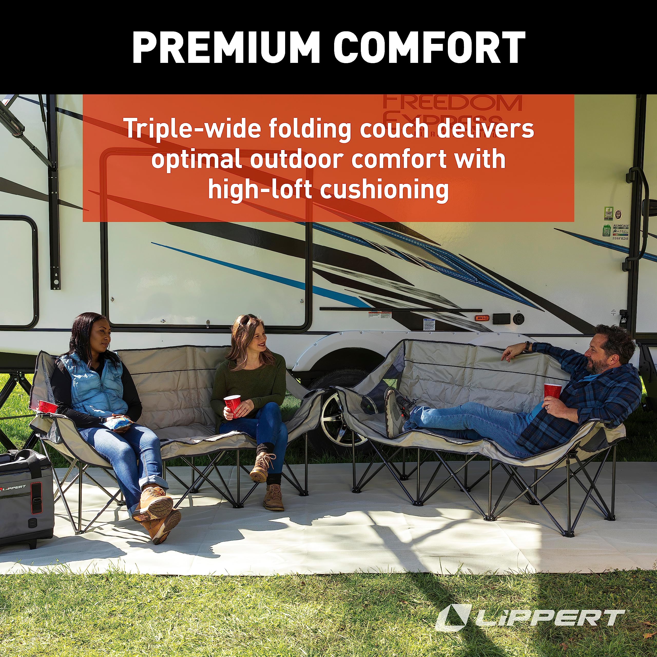 Lippert Folding Campfire Couch - Sand, High-Loft, Foldable Sofa, Dual Cup Holders, Power Coated Steel Frame, Durable 600D Polyester Fabric for Outdoor Use, 500 lb. Capacity, 2022114795