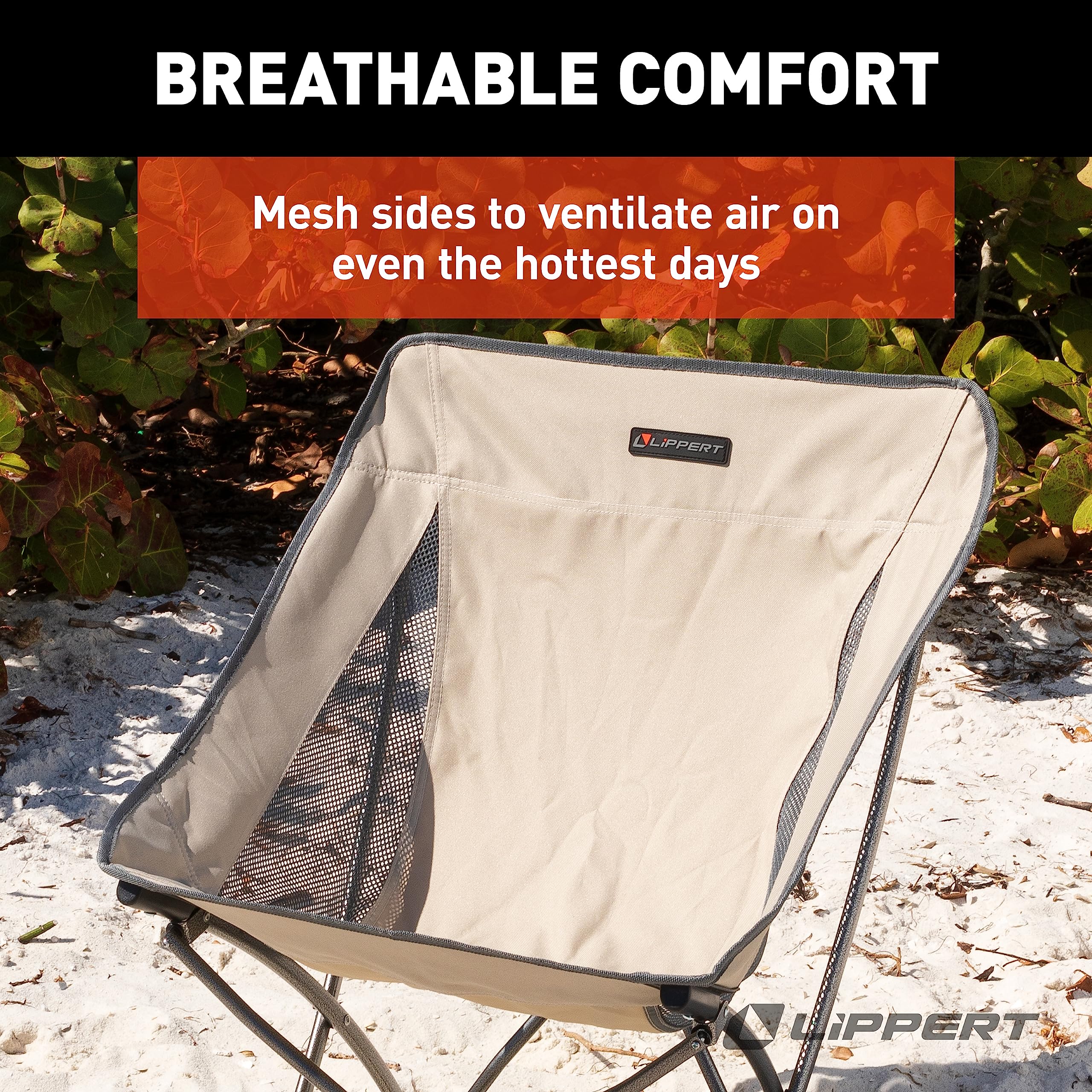 Lippert Baja Compact Camping Chair, Sand 600-Denier Polyester Fabric, Breathable Mesh Sides, Fold-up Steel Frame, Innovative Design for Ultimate Scoop Comfort - 2022120582